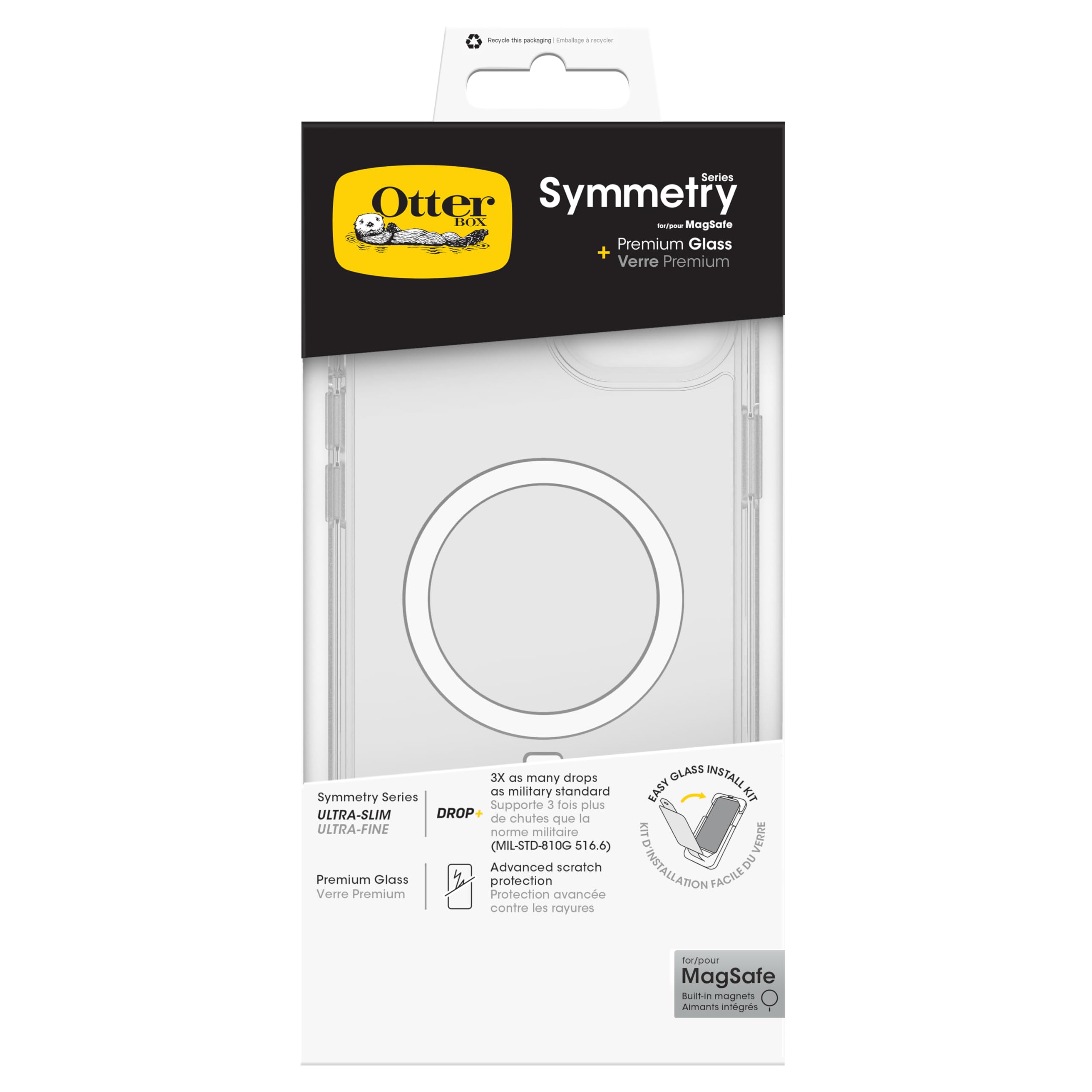 Otterbox Symmetry MagSafe Pack Protección, iPhone 15 Plus, Transparente | Funda Symmetry MagSafe Clear Testada 3x con estándares Militares anticaídas y Premium Glass Protector Tecnología Antiarañazos