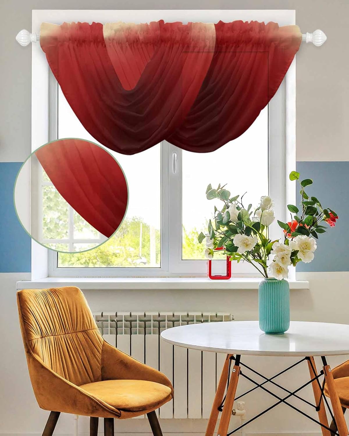 Waterfall Valance Curtains Khaki Dark Red Sheer Swag Valance for Window Treatments, Farmhouse Red Ombre Rod Pocket Elegant Valances for Living Room/Cafe, 38.5" x 47.21", 2 Panels