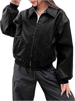 SHENHE Women's Leather Jacket Collared Neck Lantern Sleeve Zip Up