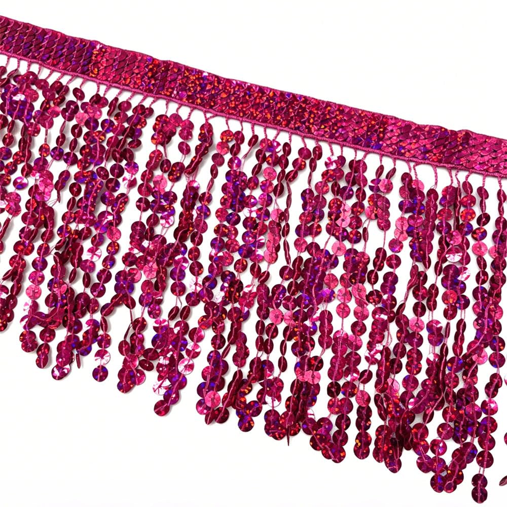 Rose Red Sequins Tassel Fringe Trim, 15cmx1Yard Sparkling Fringe Trim Tassel Ribbon for DIY Crafting Clothing