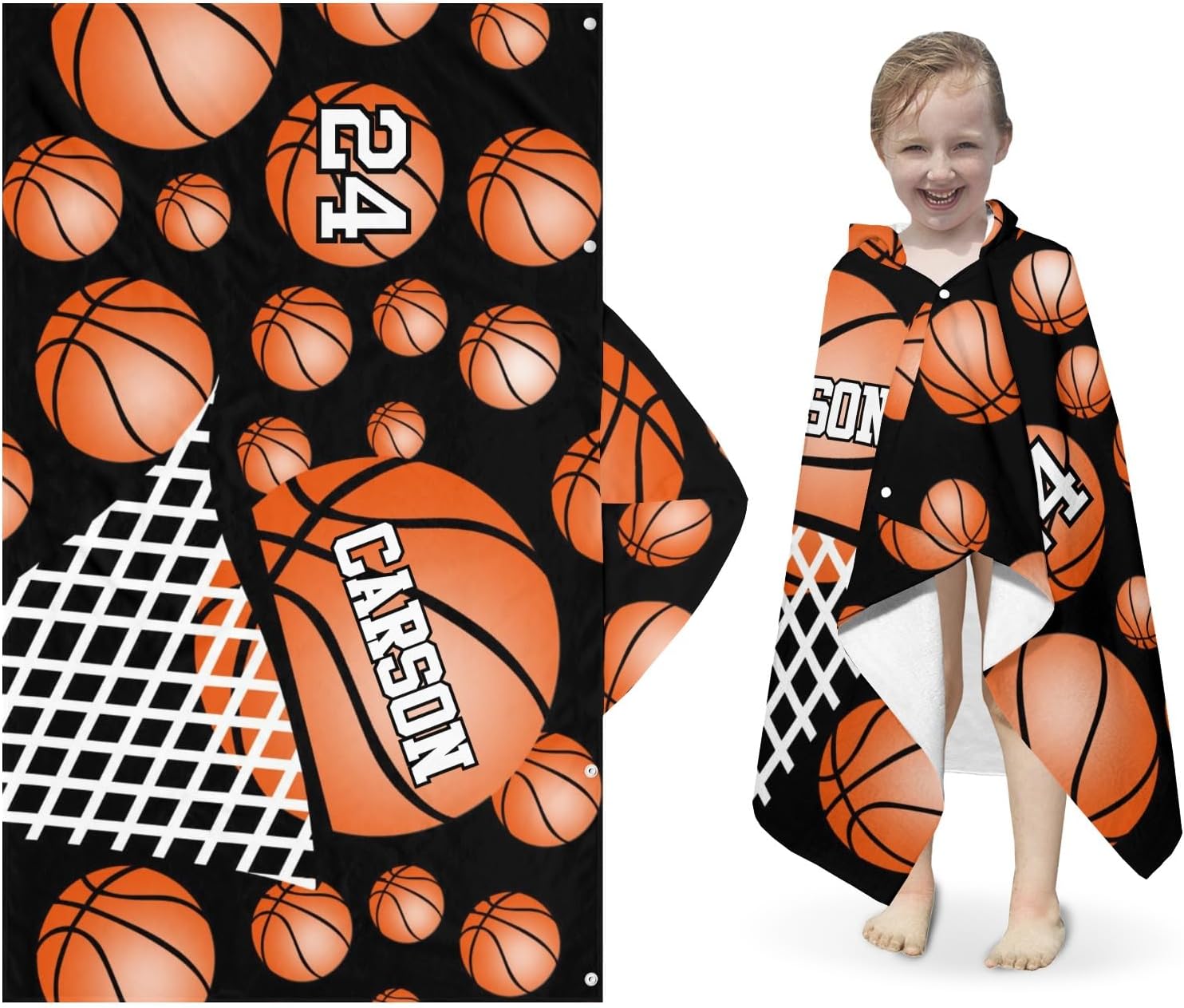 Hooded Towel Kids Orange Sport Basketball Bath Towels with Hood Microfiber Kids Beach Towels Baby Pool Beach Towel for Boy Girls