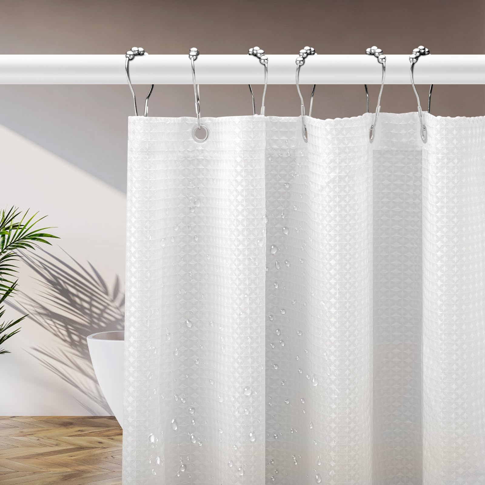 White Shower Curtain 180x180cm,Waffle Shower Curtain with Weighted Hem