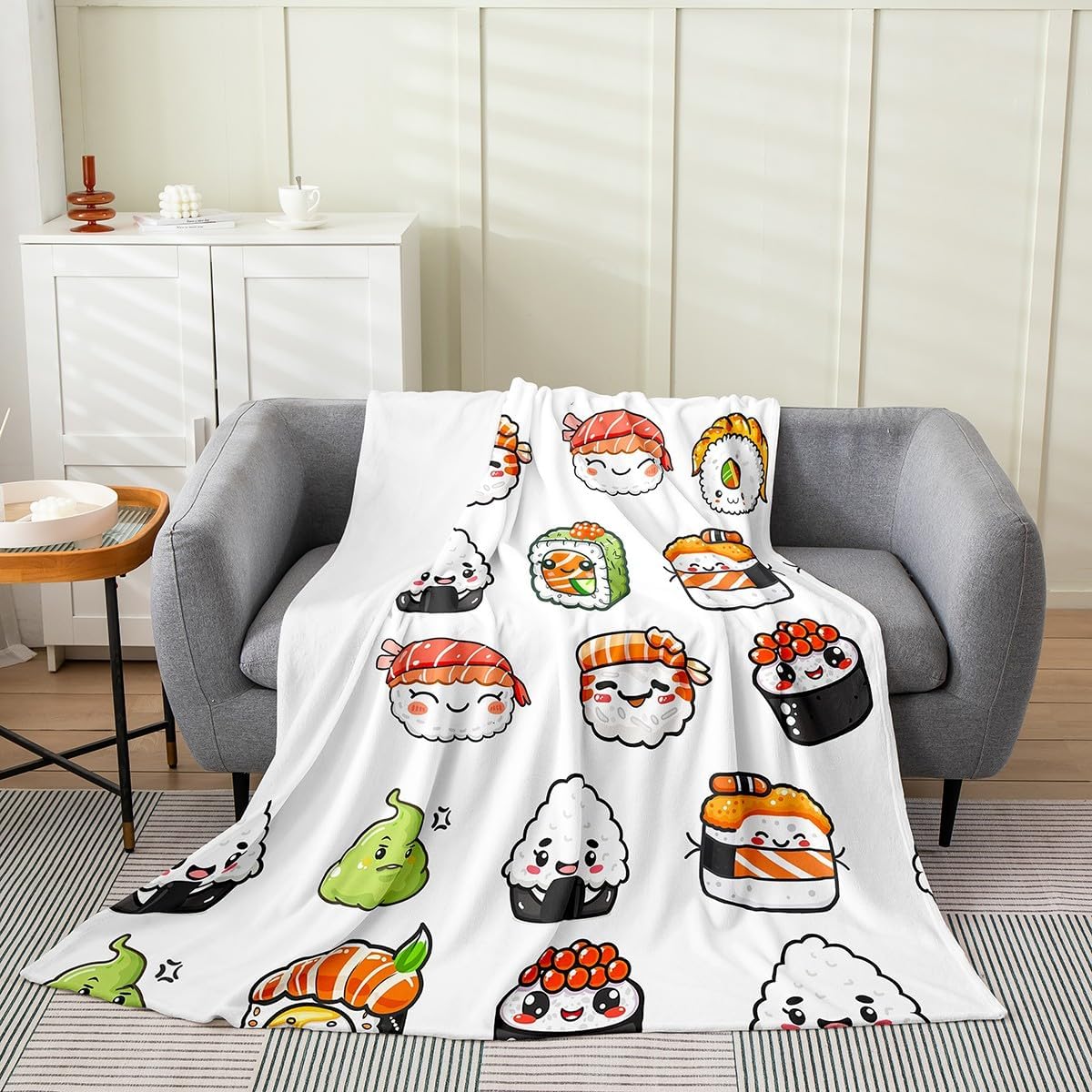 Sushi Print All Season Bed Blanket,Japanese-Style Fleece Throw Blanket Flannel Fuzzy Blanket for Kids Boys Girls,Cartoon Japanese Sushi Microfiber Plush Blanket Room Decor Queen 90"x90"