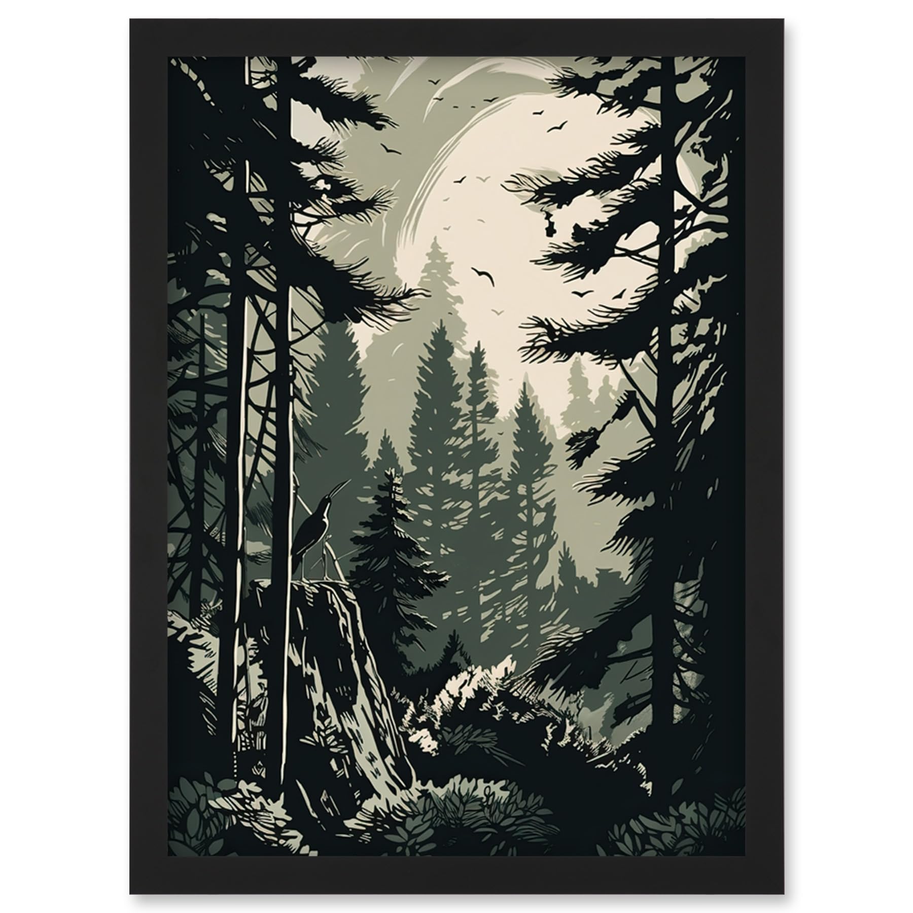 Artery8 Pine Tree Forest Sunrise Landscape Illustration Artwork Framed Wall Art Print A4