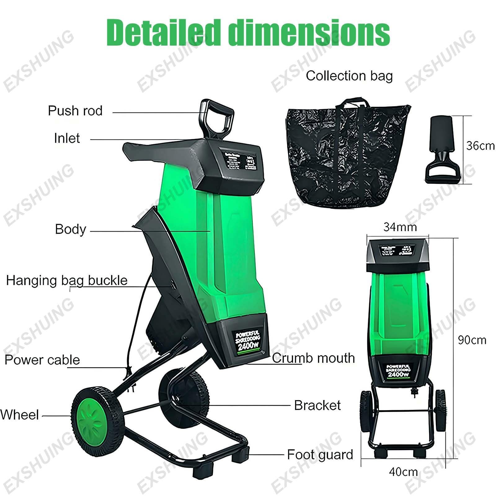 Trituradora Eléctrica 2400W Para Jardín Con Bolsa De 50L, Ruedas Y Motor 4500RPM, Biotrituradora Silenciosa De 40mm Ideal Para Compostar Ramas, Hojas Y Residuos De Poda En Casa