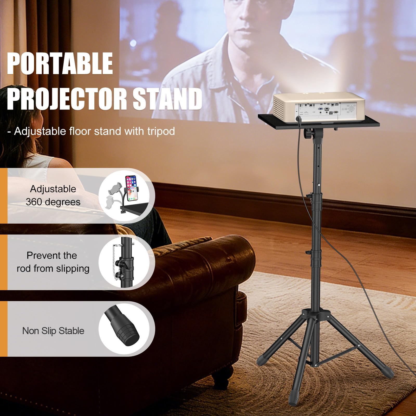 Projektor Stativ von 91 bis 119 cm, Höhenverstellbarer Laptop Stativ mit Gooseneck Telefon Halter, Universal Projektor Stativ für Heimkino, Bühne, Büro, DJ Racks