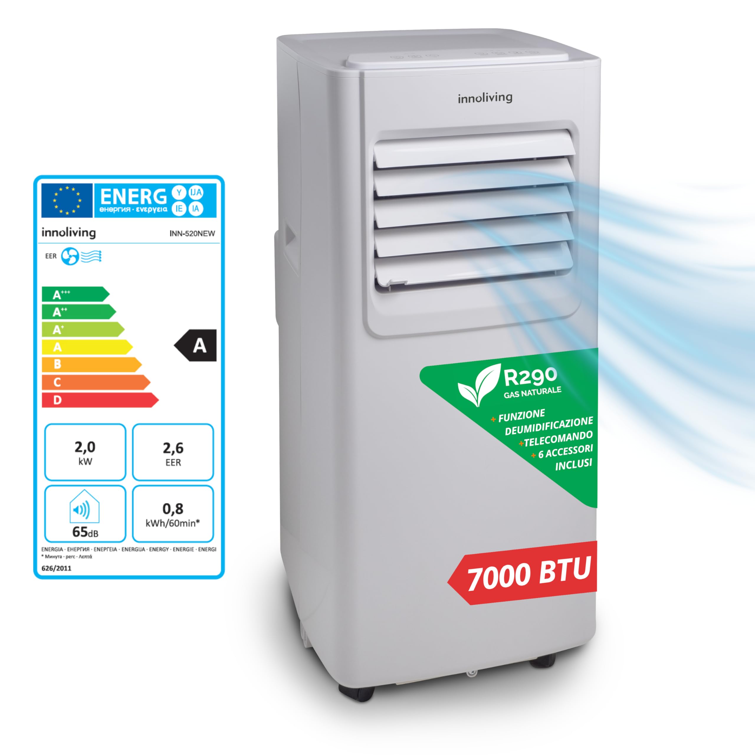 Innoliving Condizionatore Portatile 7000/9000 / 12000BTU, 3 Funzioni Raffreddamento, Ventilazione, Deumidificazione, Timer 24h, Telecomando, Display LED, Gas Naturale R290, Fino a 30mq (7000 BTU)