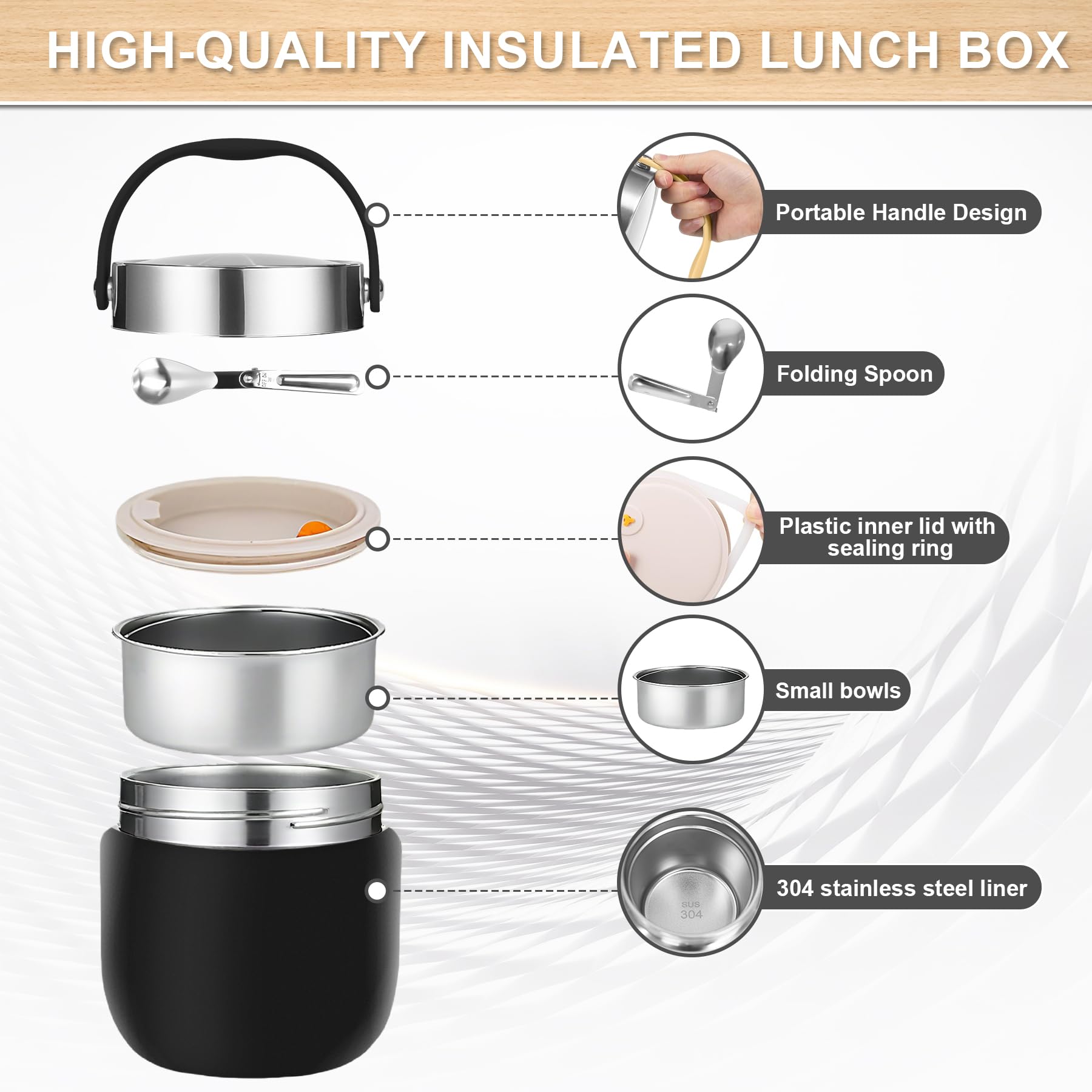 Portapranzo Termico per Alimenti 1200ml Contenitore Termico per Alimenti Caldi con Cucchiaio Pieghevole per Conservare Porridge,Zuppa,Frutta,Yogurt e Pranzi Nero