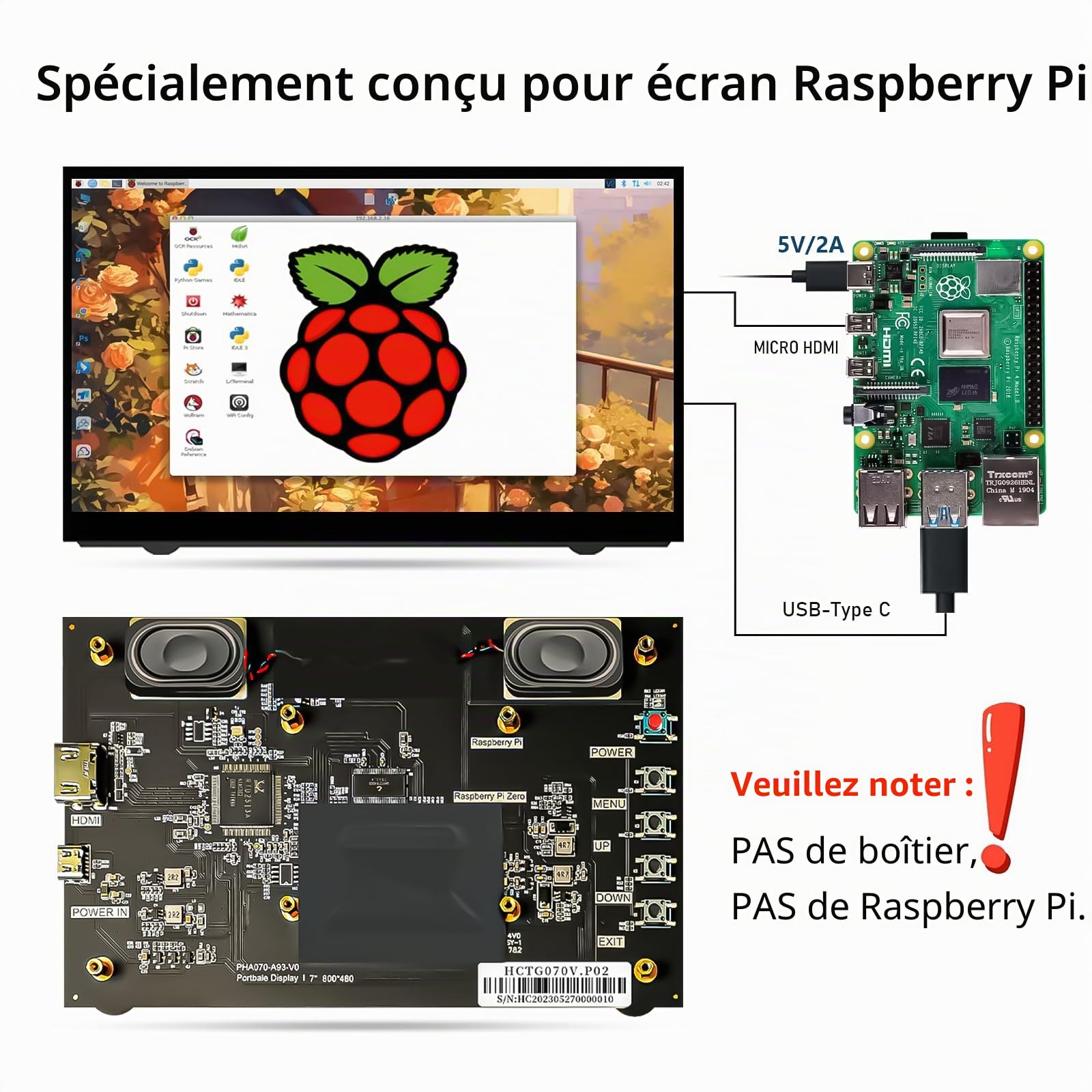 HAMTYSAN 7'' Mini Ecran PC, 800x480 HDMI Raspberry Pi Ecran avec Double Haut-Parleur, écran LCD pour Raspberry Pi 4/3/2/Zero/B/B+ Win11/10/8/7 (Non-Touch)