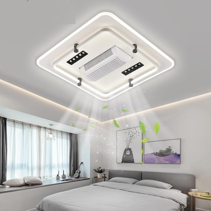 QAWACHH Voice Commmand Square Ceiling Fan Light Stealth Chandelier with Remote Control LED Fan Dimmable Three-color Dimming Led Lights (Bladeless)