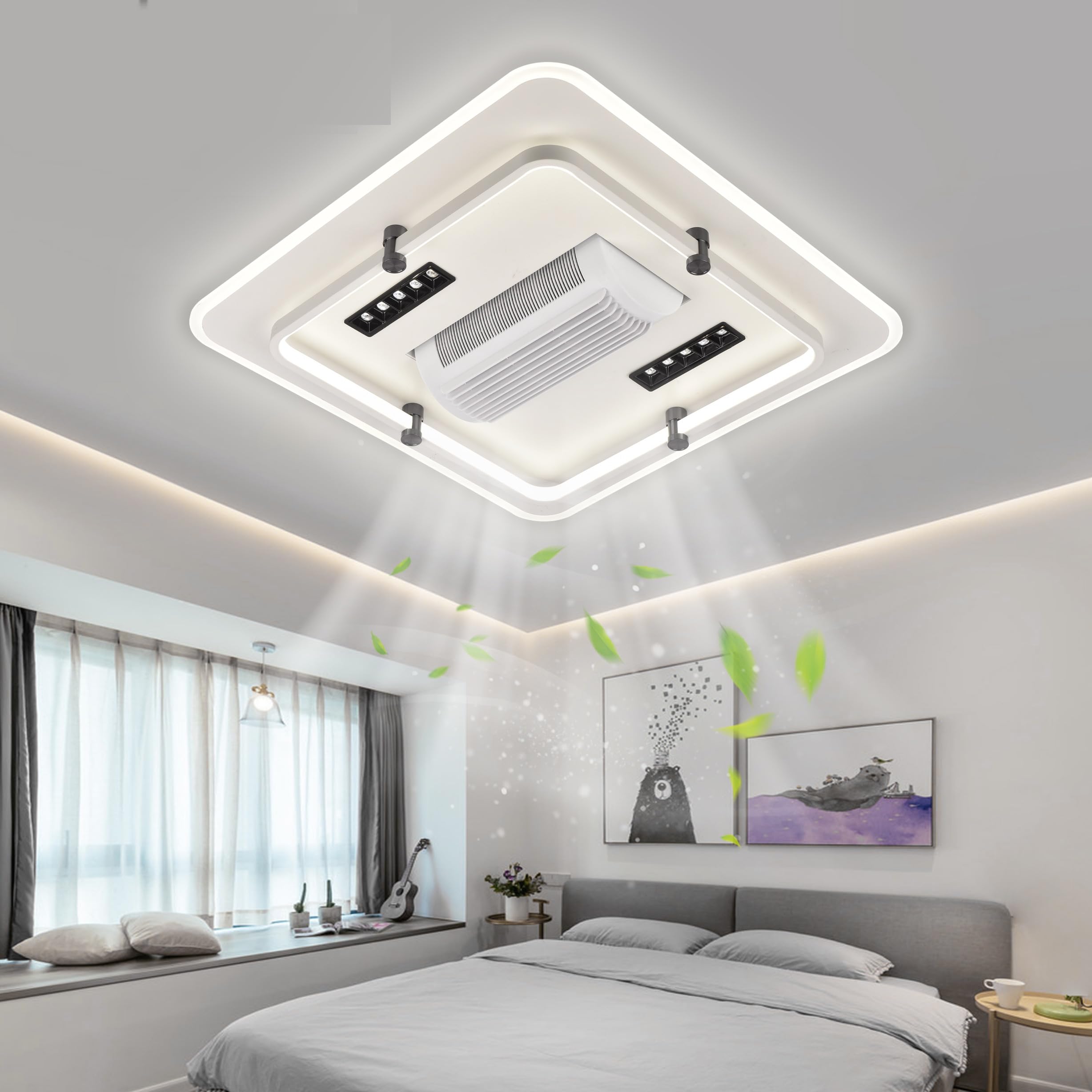 QAWACHH Voice Commmand Square Ceiling Fan Light Stealth Chandelier with Remote Control LED Fan Dimmable Three-color Dimming Led Lights-image-38