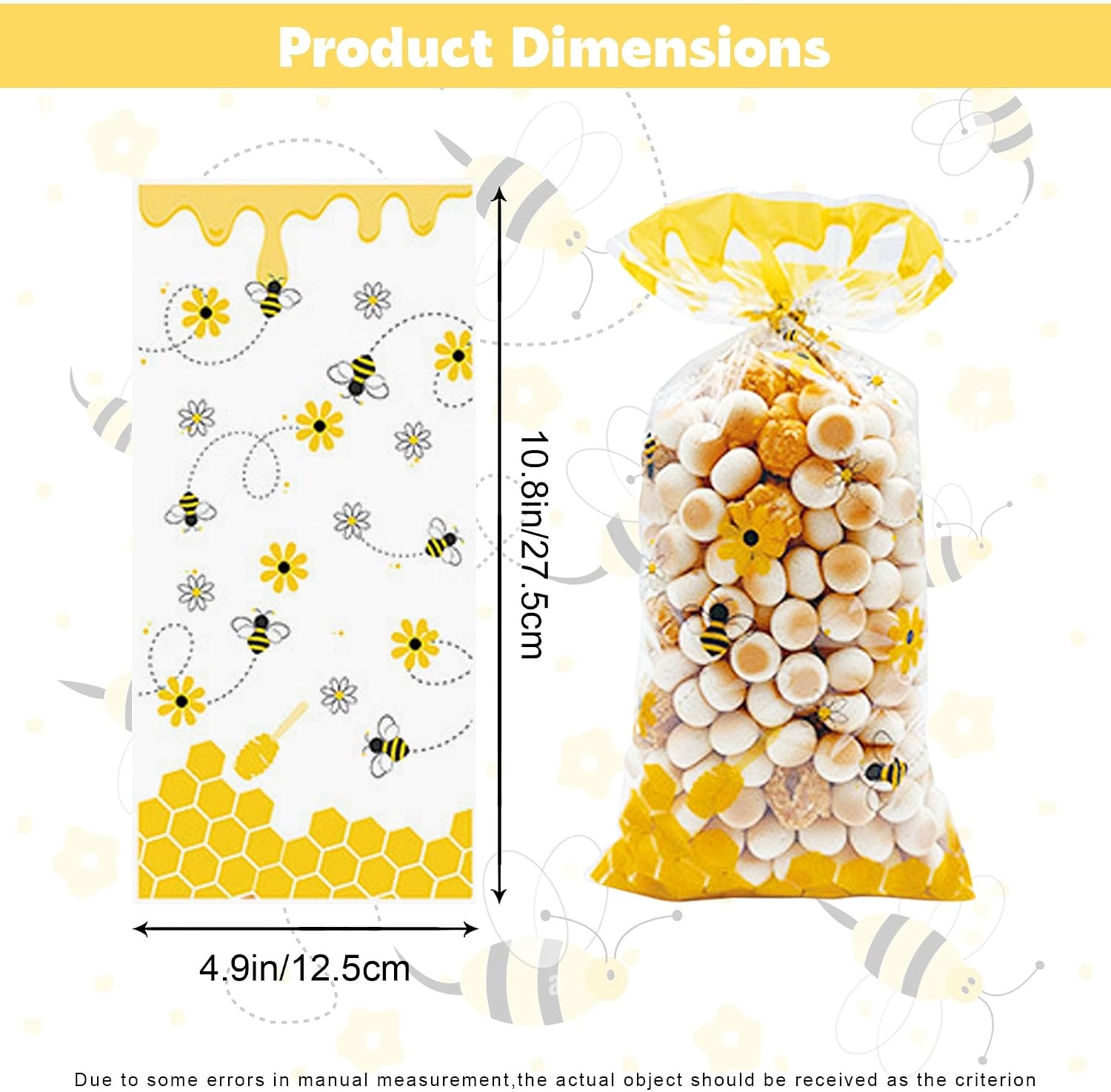 JazSwirl Bee Cellophane Bags, 50 Pcs Bee Treat Clear Gift Bag for Gifts, Clear Bumblebee Bees Gift Wrap Cellophane Bags, Cello Small Plastic Treats Bag with Ties