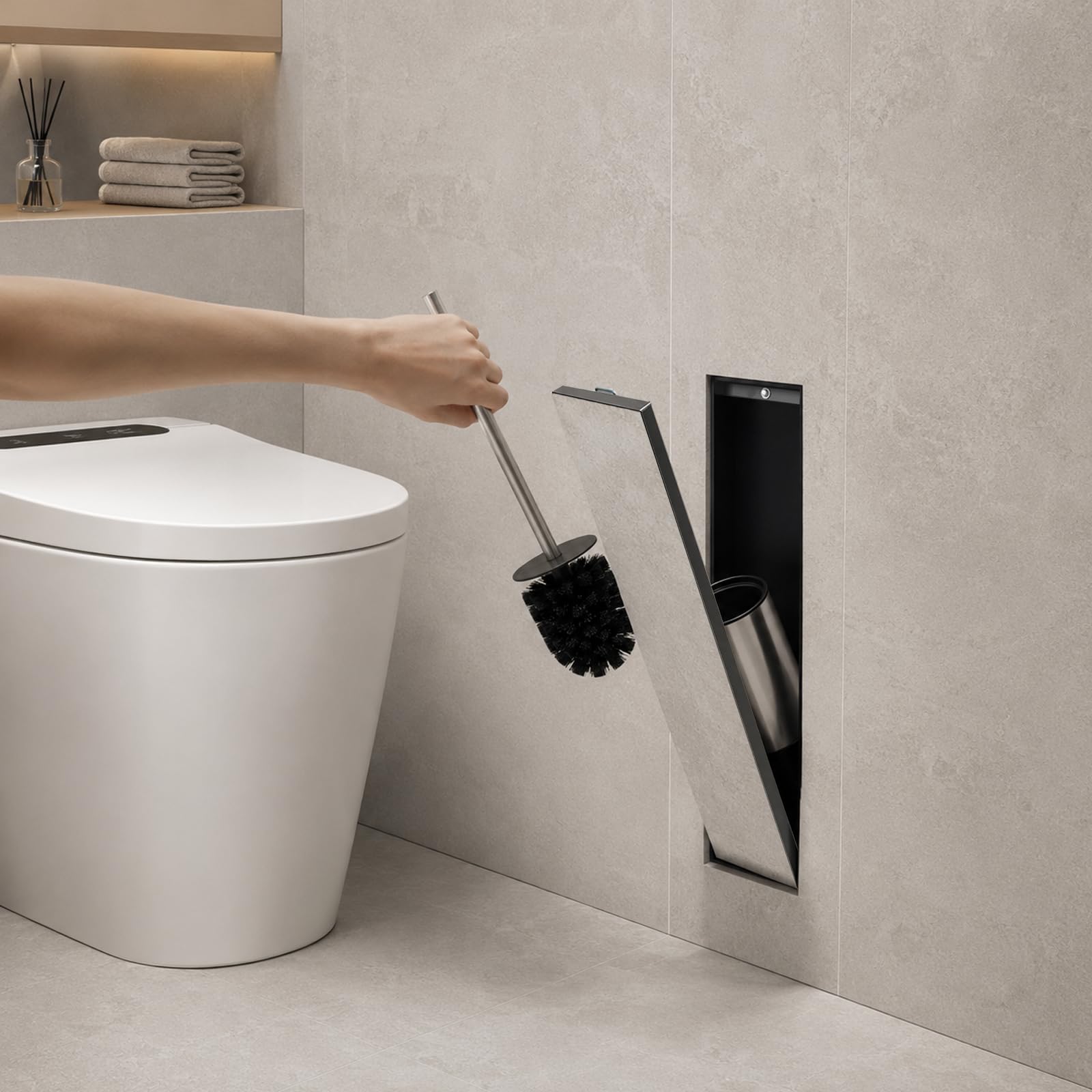 Podtynkowy uchwyt na szczotkę klozetową, podtynkowy moduł WC do kafelkowania, czarny | Ukryty uchwyt na szczotkę toaletową z funkcją push-to-open, nierdzewna wnęka ścienna, zajmuje mało miejsca i jest higieniczna