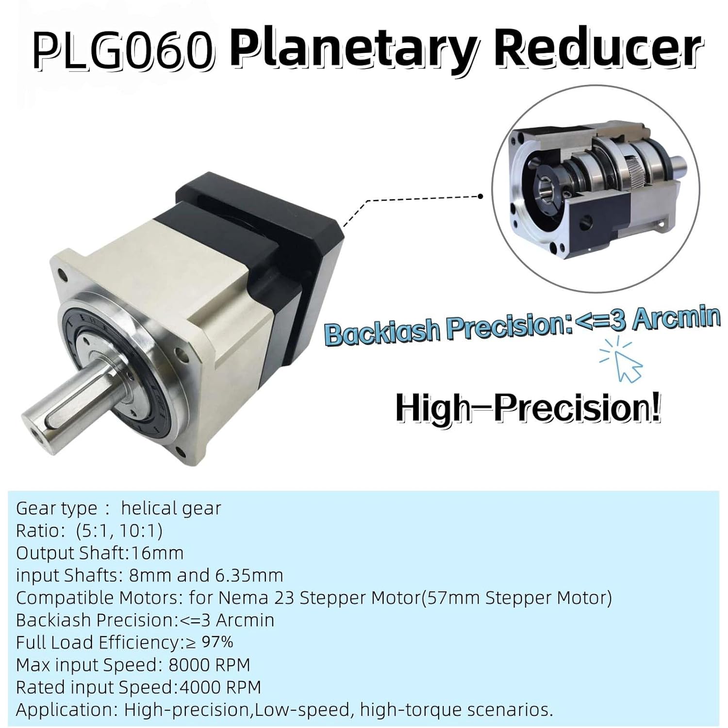 Nema 23 Planetary Gearbox Gear Ratio 5:1 Speed Reducer Backlash < 3 Arcmin 4000RPM Gear Head for 6.35mm/8mm Input Shaft Nema23 Stepper Motor, Reduction Box for CNC Router