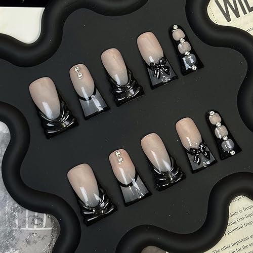 OCOUYVD Handmade Press On Nails Medium Duck Shaped Black French