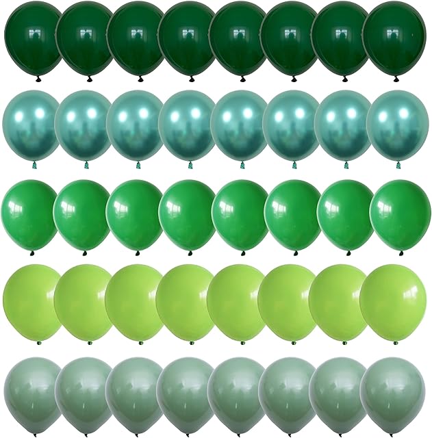 Green Balloons, 60 Packs 12 Inch Different Shades Dark Green Emerald Green Lime Green Metallic Chrome Green Olives Sage Green Latex Balloon for Birthday, Baby Shower, Jungle Safari Party Decoration