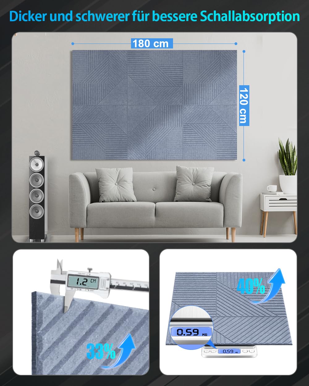 6 paneles acústicos autoadhesivos, 60 x 60 x 1,2 cm, paneles acústicos de poliéster para aislamiento acústico, paneles de aislamiento acústico de alta densidad, absorbentes de sonido, pared