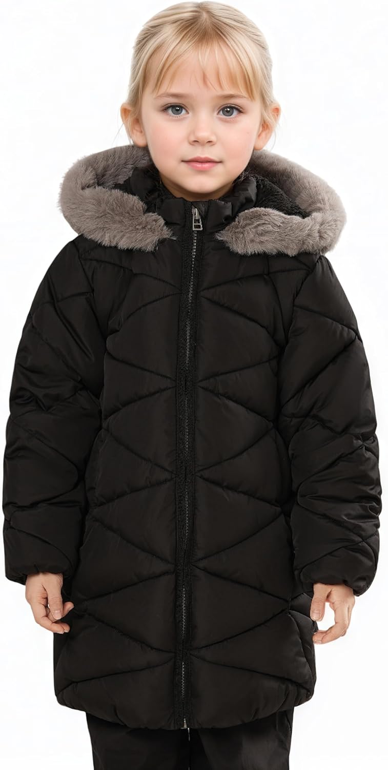 SOLOCOTE Girls Winter Puffer Coat with Faux Fur Hood Sherpa Lined Parka Water-Resistant Windproof Quilted Jacket