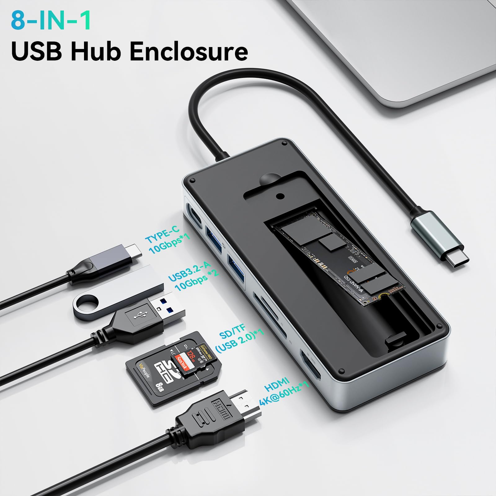 Yottamaster Hub USB C com gabinete SSD M.2 NVMe, 8 portas USB C