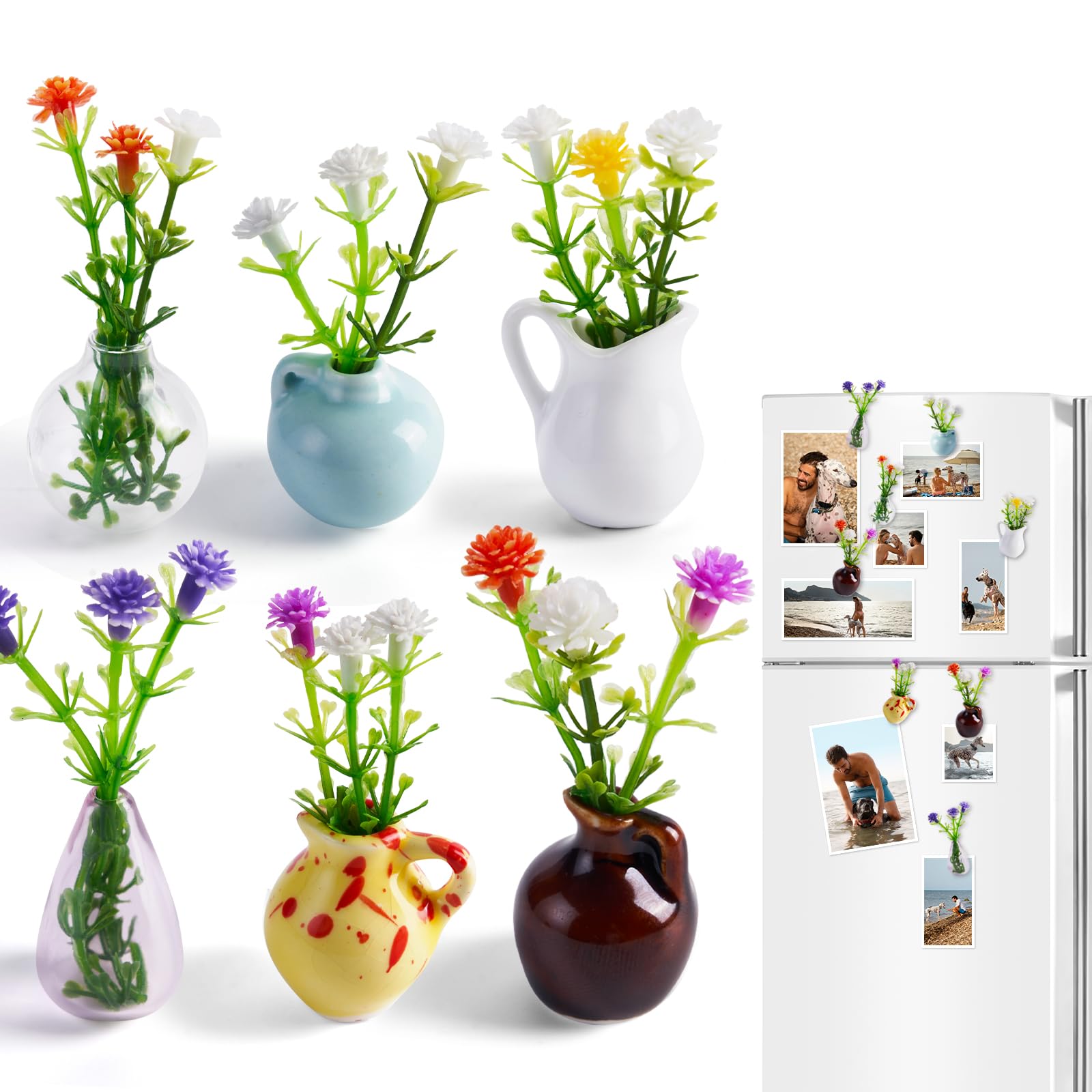 Fialame 6Pcs Vases 8Pcs Mini Ceramic Vase Magnets For Fridge,Cute Mini Bud Vases Magnetic,Funny Magnetic Flower Vases 3D Plant Magnets For Refrigerator Kitchen Locker Office Decoration (6Pcs Vases)