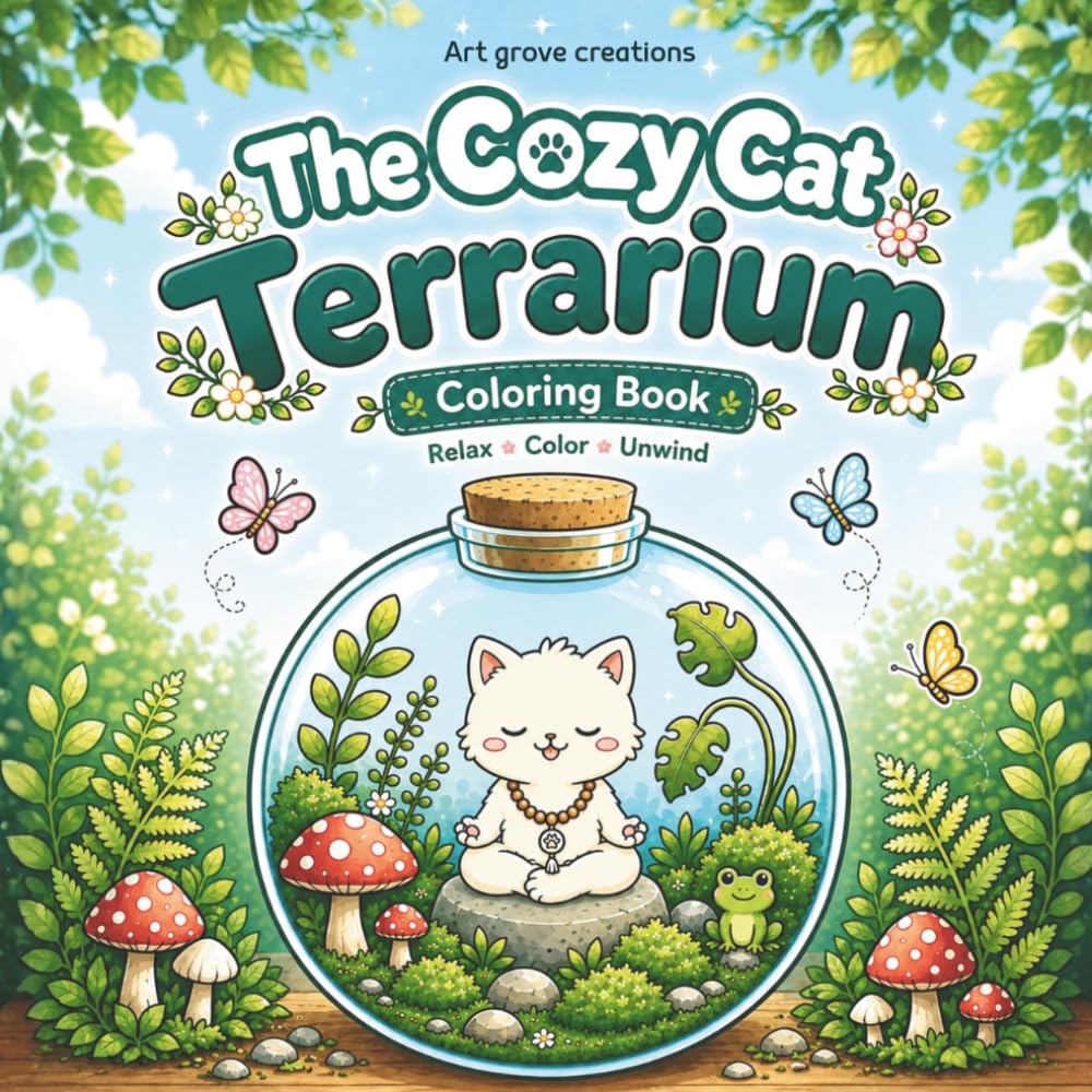 Cozy Cat Terrarium Coloring Book: 30 Whimsical Terrarium Scenes with Adorable Cats, Succulents, Mushrooms, and Tiny Garden Worlds