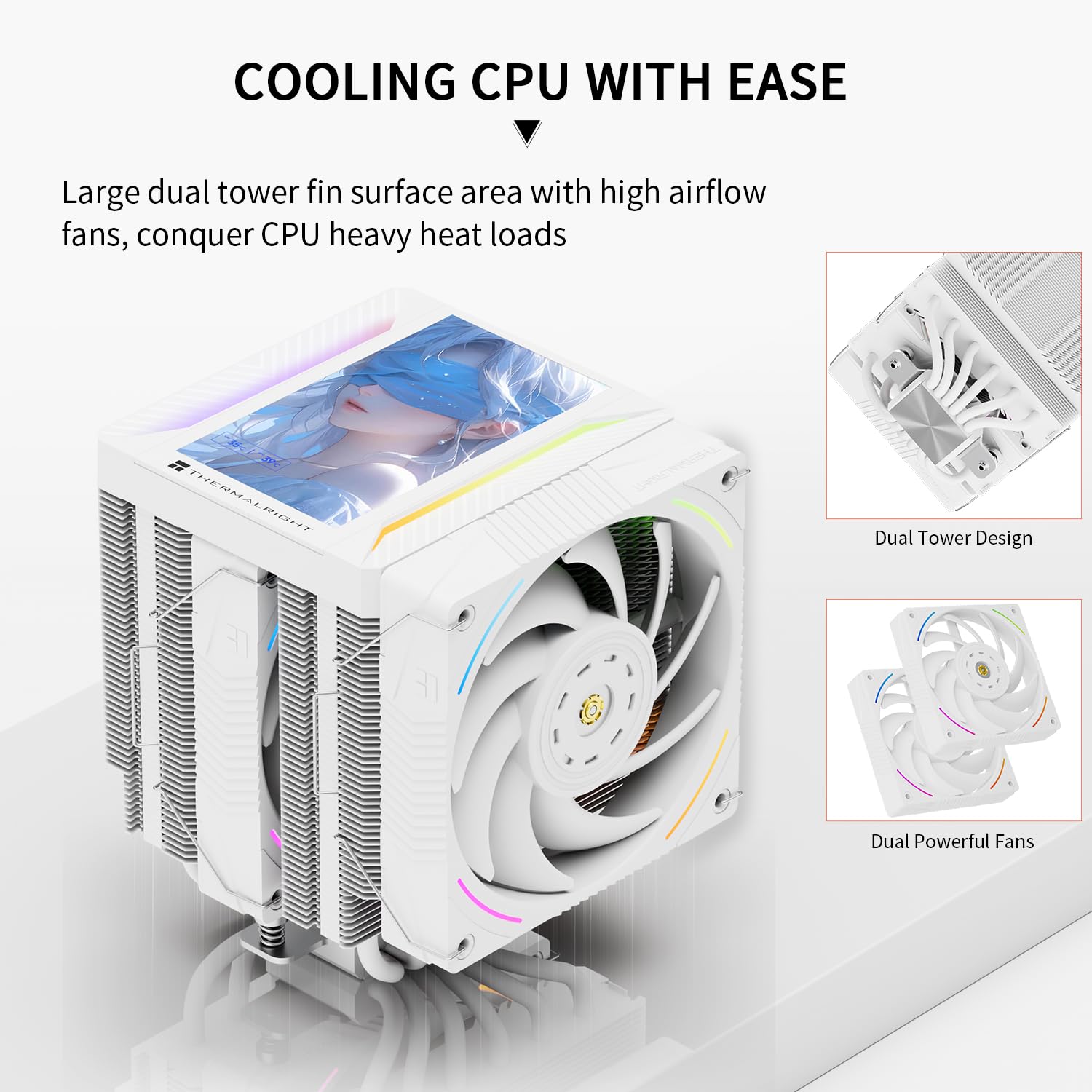 Thermalright Peerless Assassin 120 Vision MAX ARGB White CPU Cooler, PC Heatsink Cooler 6 Heat Pipes, 5’’ Magnetic Display Screen with 480x854 Resolution,for AM4/AM5 and Intel LGA1700/1851 - 2