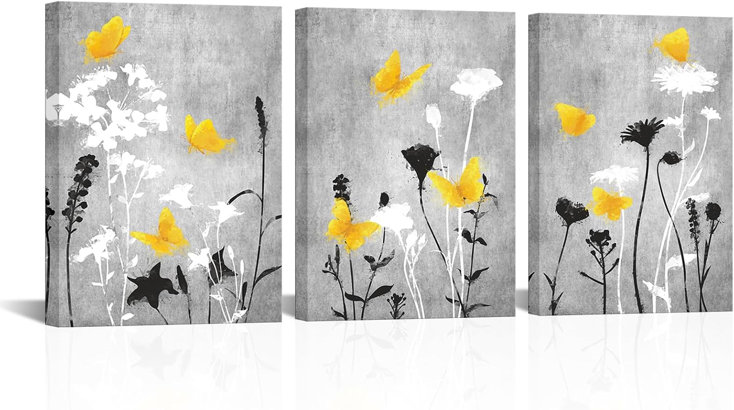 LoveHouse Yellow and Grey Wall Art Wildflower And Butterfly Canvas Prints Bathroom Wall Decor Boho Botanical Paintings Vintage Floral Pictures