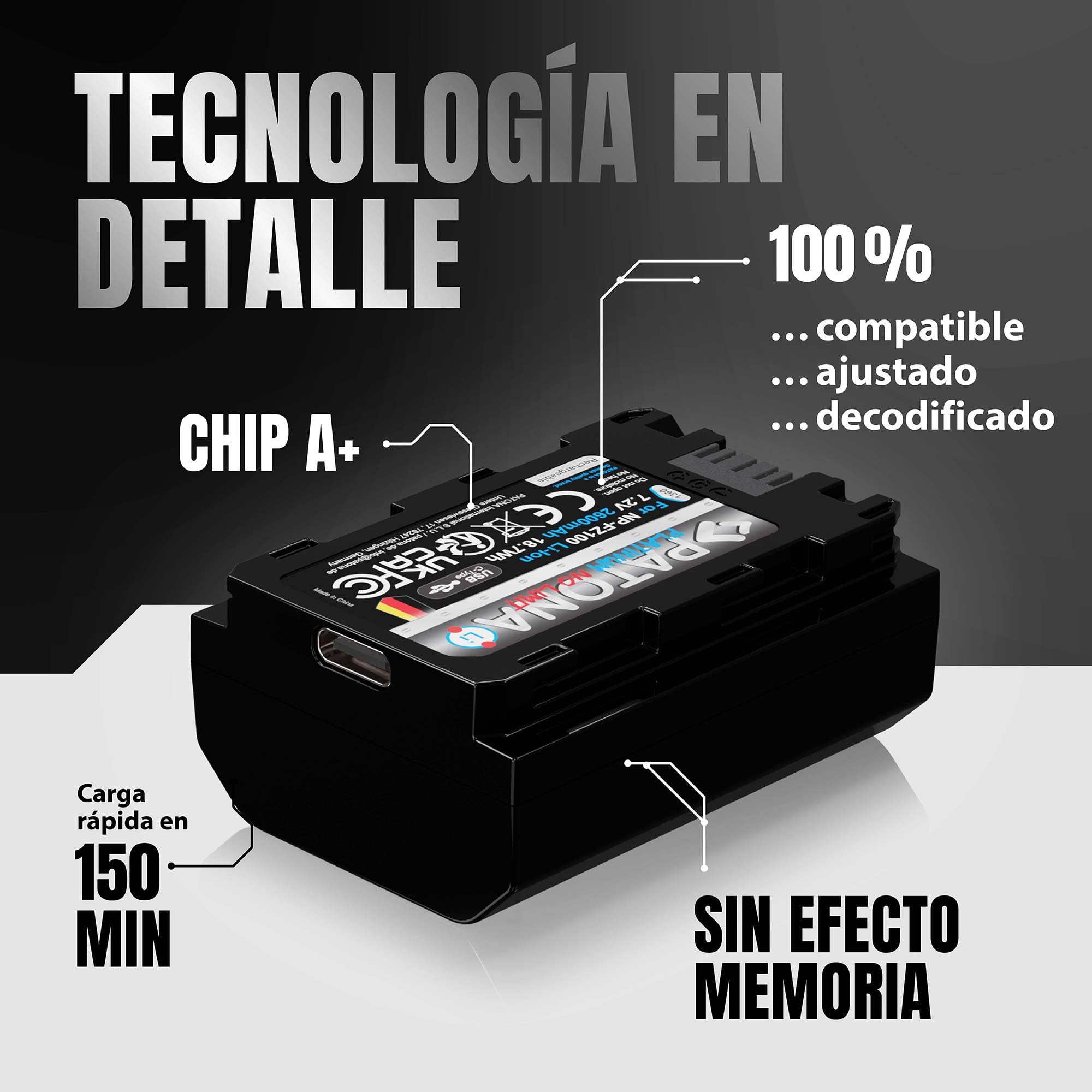 PATONA Platinum NP-FZ100 Batería 2600mAh con Entrada USB-C – Repuesto para Sony NP-FZ100 – para Alpha A1, A7 III IV, A7C, A7R III-V, A7S III, A9, A6600, ZV-E1, FX3 FX30 – Carga sin Cargador