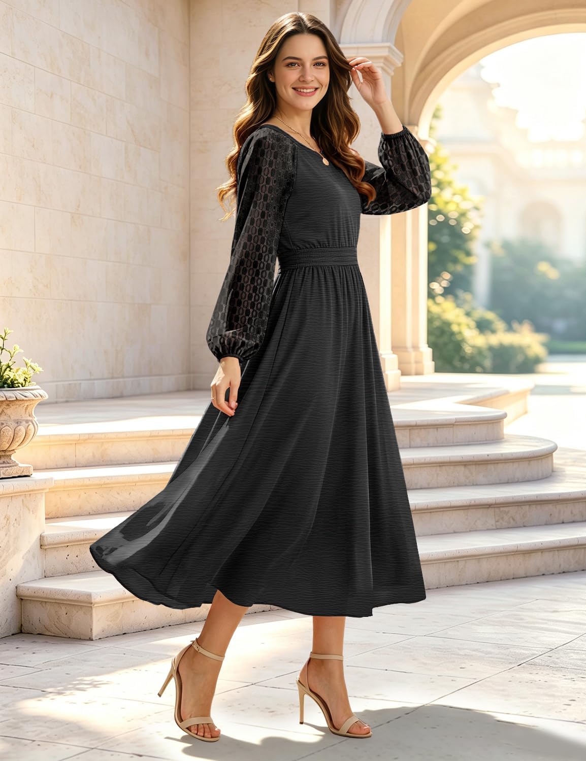YESNO Women's Fall Lace Long Sleeve Wedding Guest Dresses ELL image 3