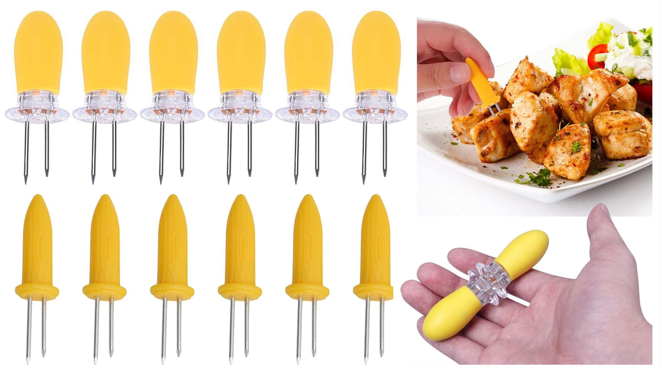 12PCs Corn on the Cob Holders - Assorted Design Corn Forks, Yellow Stainless Steel Corn Cob Skewers, Safe Interlocking Forks for Barbecue, Parties, Picnics, Camping