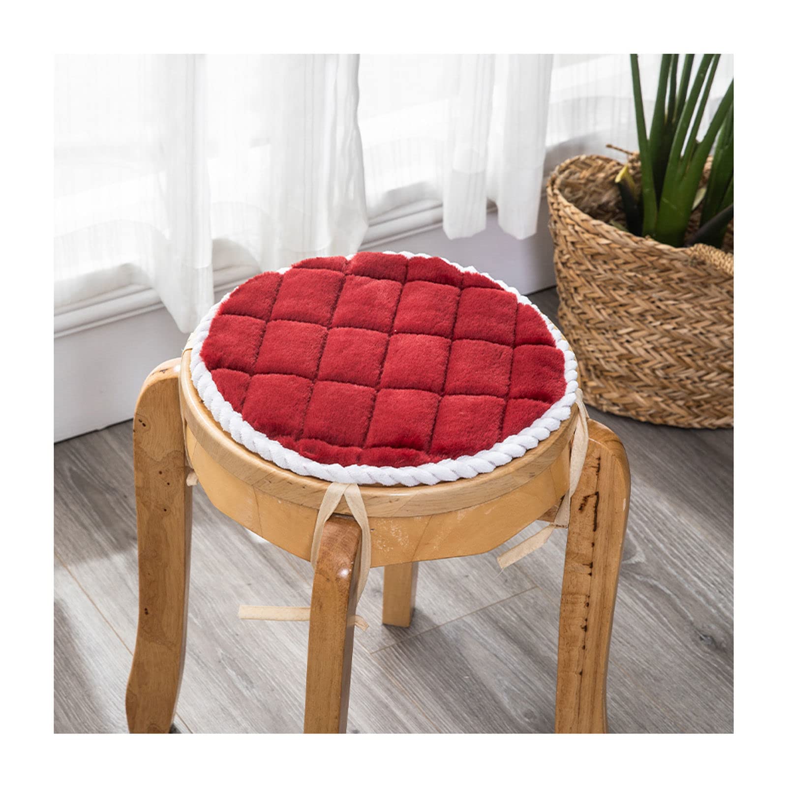 JLWM Chair Pad Plush Solid Color, Seat Cushion Winter Not-slip Seat Pad Chair Cushion With Straps For Dining Table Stool Bedroom Round-Red wine-diameter-35cm