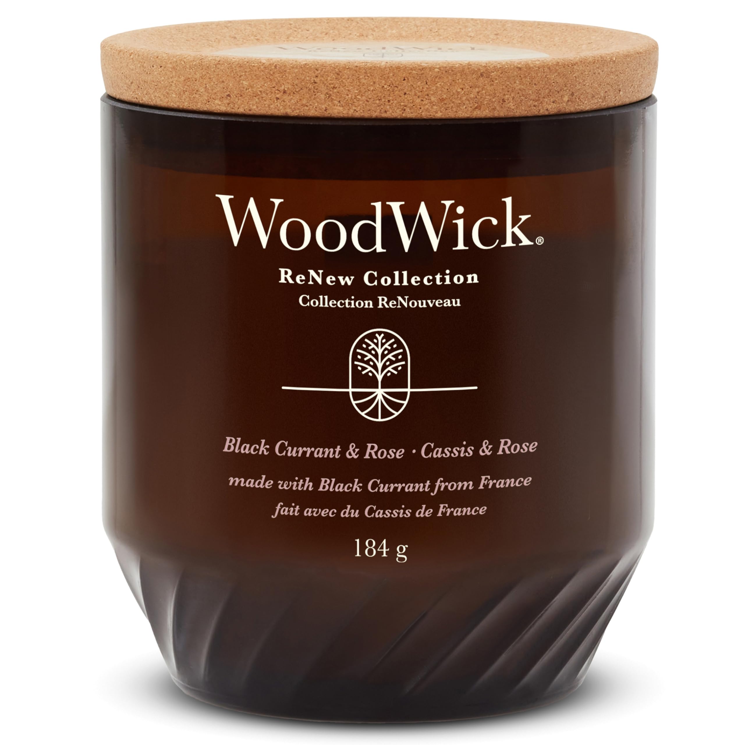WoodWick ReNew Candela profumata con stoppino scoppiettante | Black Currant & Rose | Miscela di cera di cocco e soia a base vegetale | Realizzata con materiali riciclati | Doni perfetti per donne