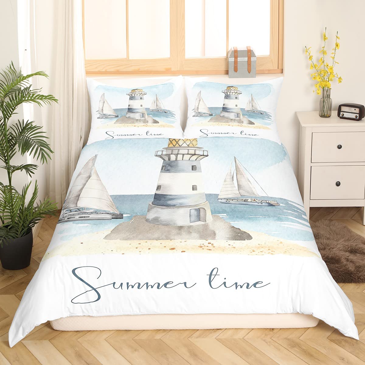 Funda de edredón náutica para velero, funda de edredón con temática oceánica de acuarela, juego de ropa de cama súper King, funda de colcha de verano para playa, decoración de 3 piezas, decoración de