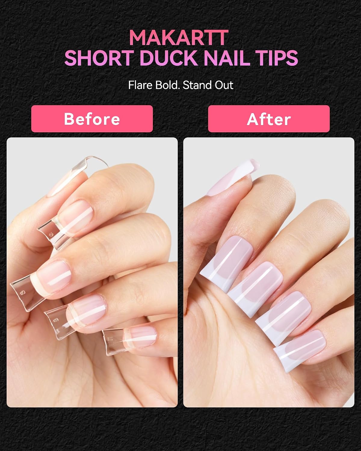 Makartt Short Duck Nail Tips, 240 PCS 15 Sizes with 5.5/6.5/7.5, Clear Full Cover Flare Nails for Press-Ons DIY, PMMA Soft Gel Wide Nail Tips for French 3D Nails Design, Salon Home Manicure Supplies