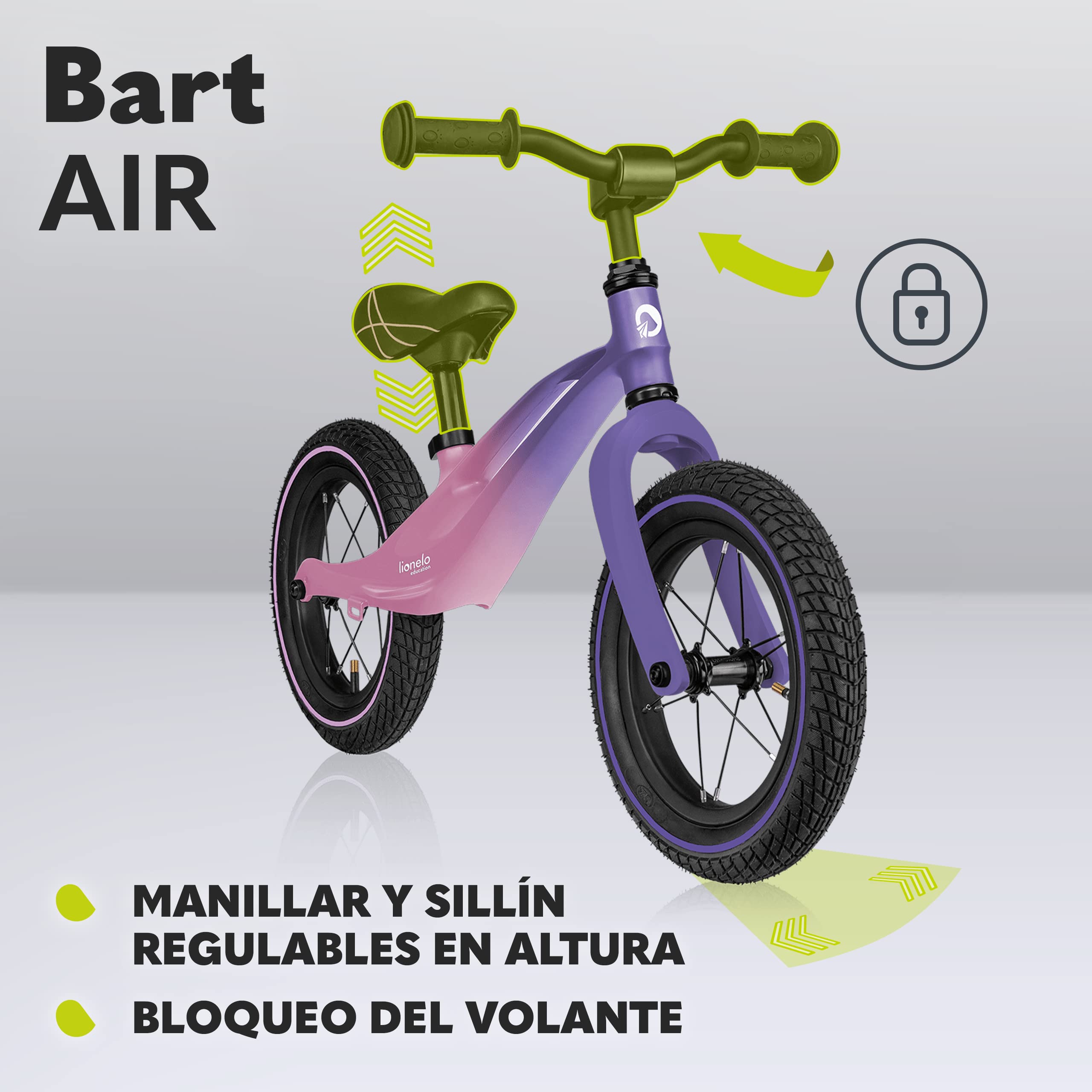 lionelo Bart Bicicleta sin Pedales de 2 años hasta 30kg, Cuadro de magnesio, al Estilo Deportivo, Ruedas 12", Altura de Manillar y sillín Regulable, Muy Robusta y Ligera (Verde, Bart Air)
