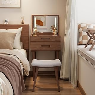 Muwuele Solid Wood 19.6" Small Vanity Desk with Flip Mirror & LED Lights, Narrow Makeup Table for Small Spaces, Walnut