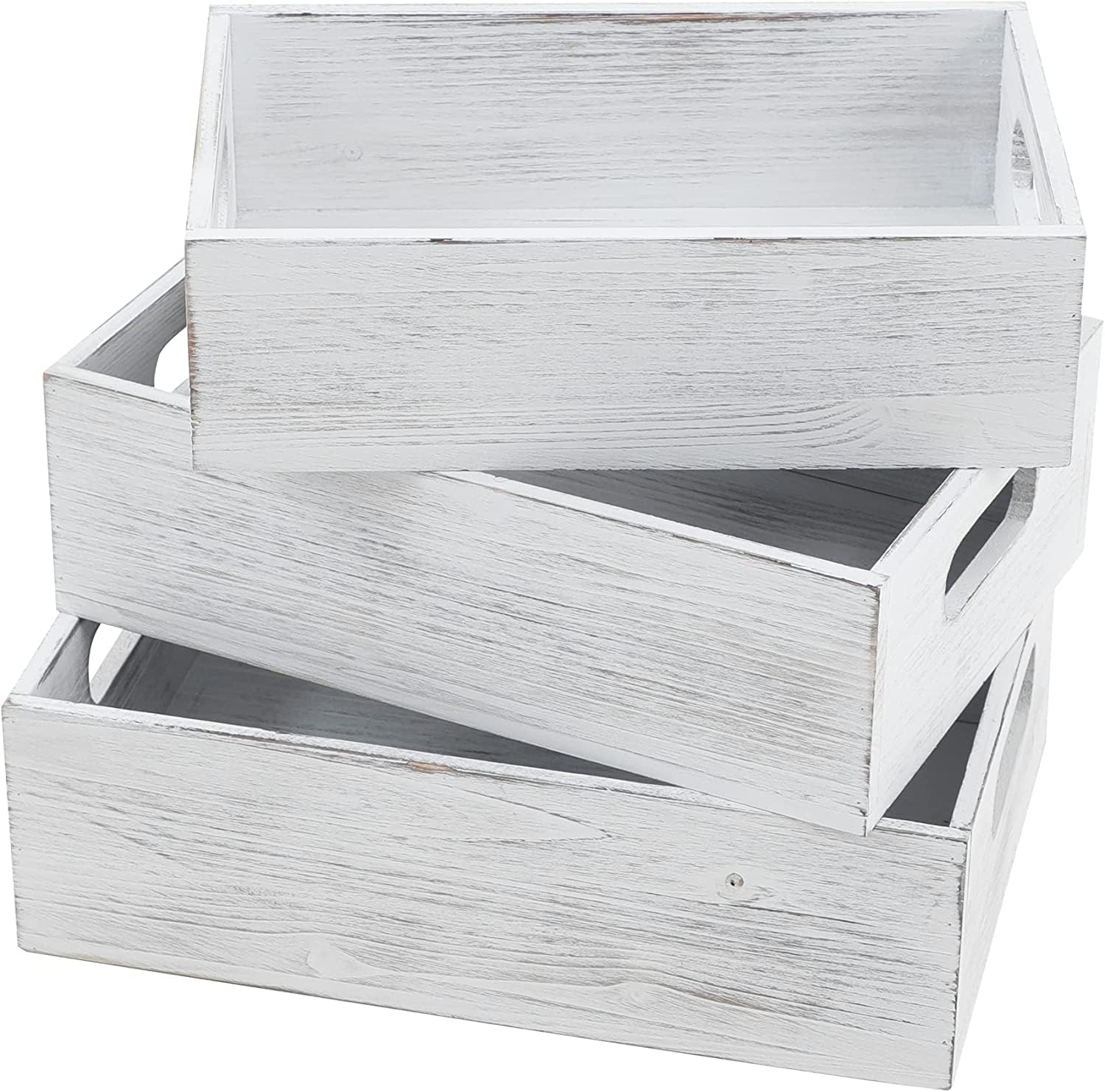 PHOENANCEEWood Crates Box For Display, Rustic Crate Storage Decorative Boxes with Handles, Large Wooden Nesting Box with Natural Wood Aroma, Retro White, 3 Packs(L+M+S)
