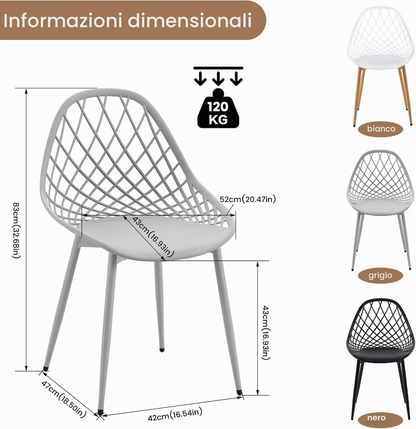 buybyroom Set di 6 sedie da pranzo in plastica, con piedi in metallo, per cucina, soggiorno, fino a 120 kg, grigio