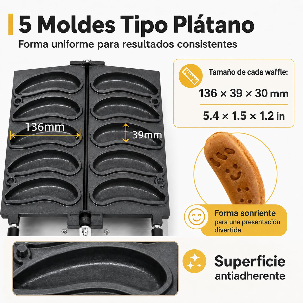 Gofrera Profesional con Forma de Plátano, 5 Gofres por Hornada, Placas Antiadherentes, Temporizador y Temperatura Ajustables, para Cafeterías, Heladerías, Churrerías y Food Trucks