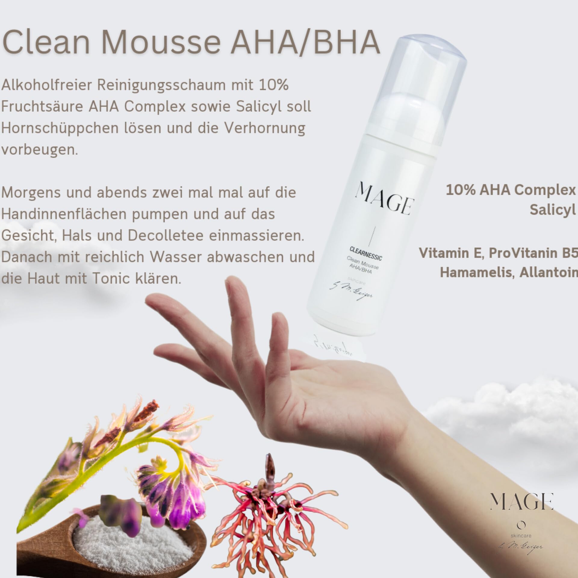 MAGE Clean Mousse AHA/BHA, schiuma detergente per la pulizia del viso per pelle pura e uniforme, pulizia del viso, per la rimozione di trucco e impurità della pelle, vegana, made in Germany