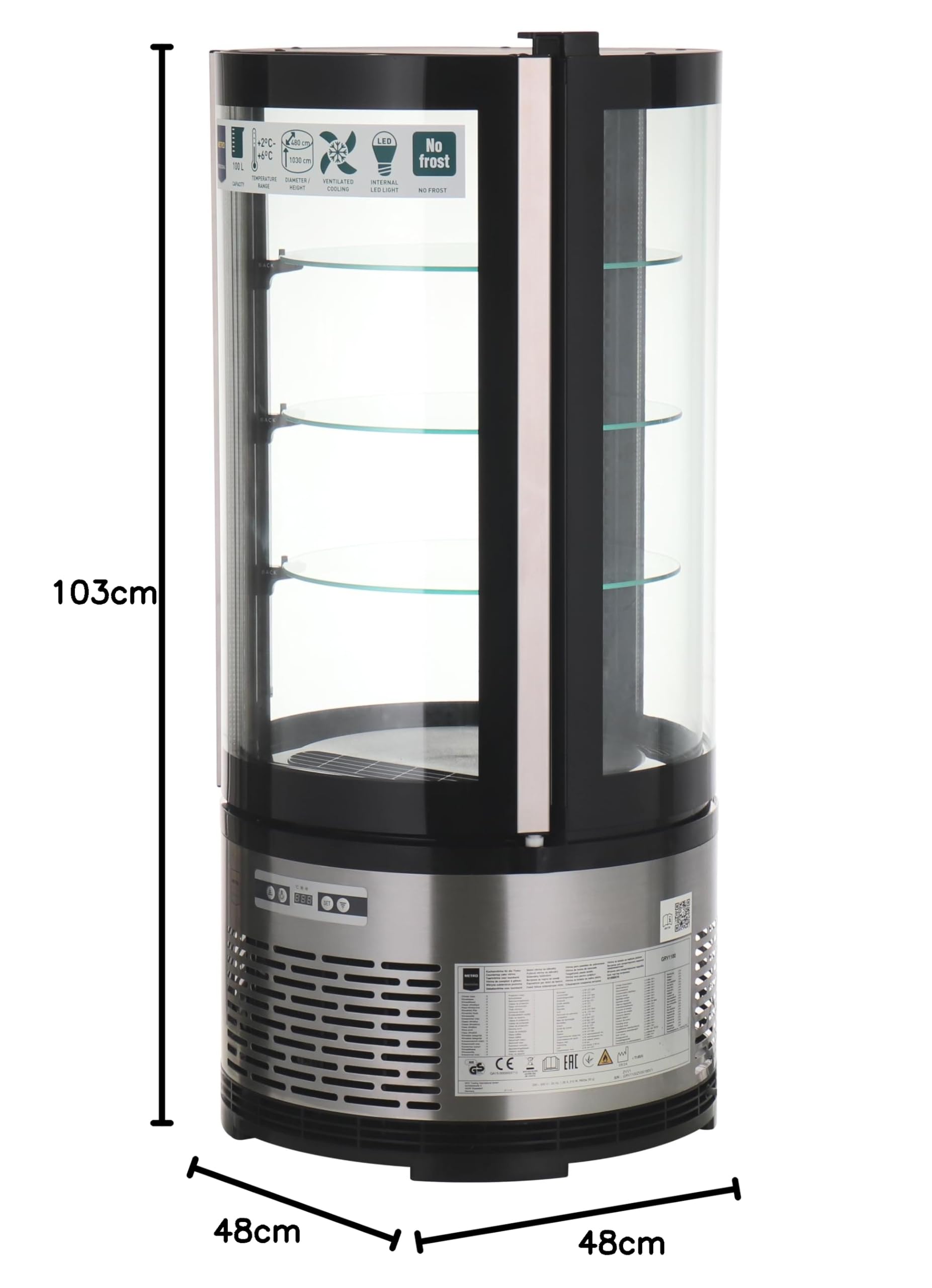 METRO Professional Vitrina expositora GRV1100, acero inoxidable/vidrio, 48x48x103 cm, 100L, enfr. por ventilación, 210 W, panel digital, negro/plata