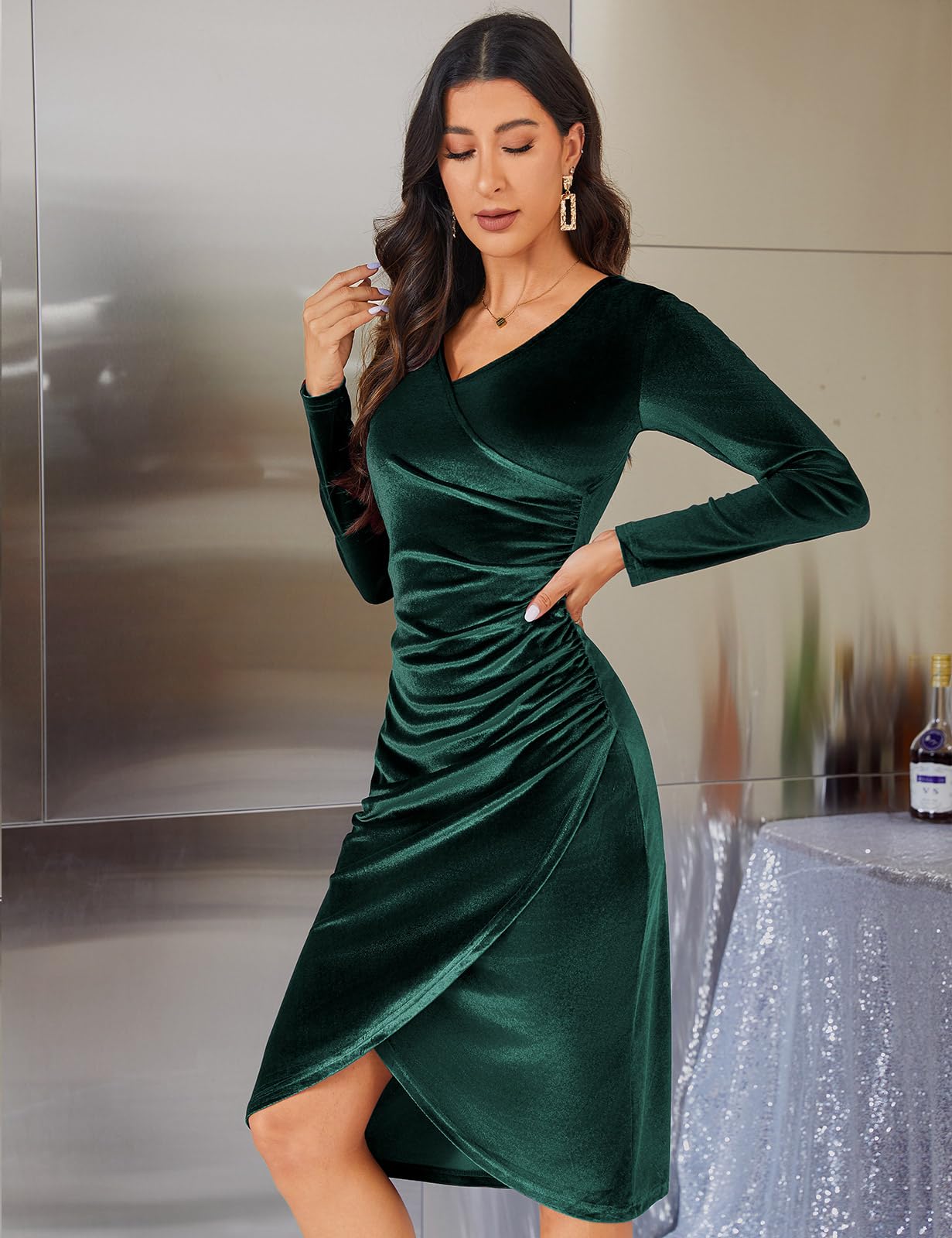 heekpek Vestito Velluto Donna Scollo a V Abito Elegante