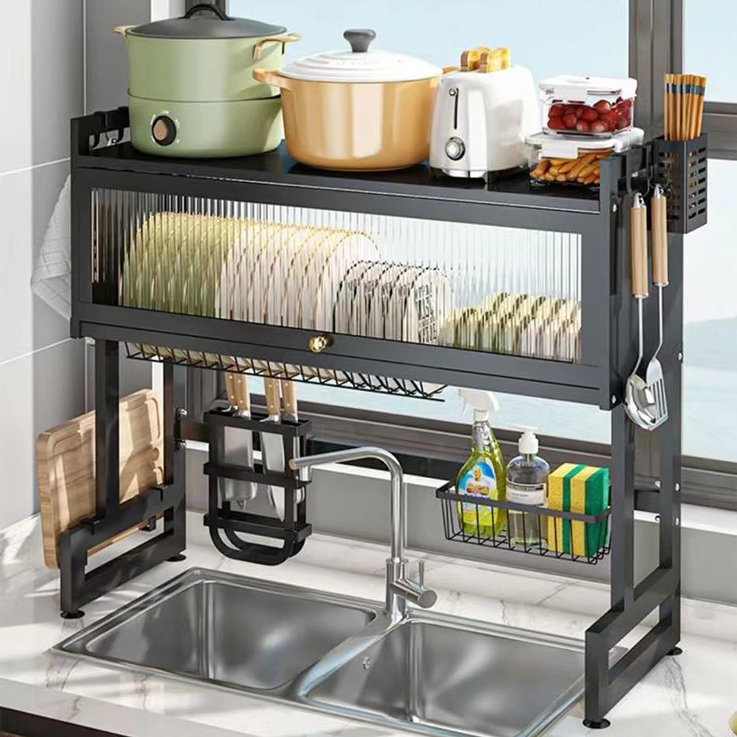 Escurridor de platos sobre el fregadero, escurridor de platos sobre el fregadero para almacenamiento de platos y cubiertos en la cocina, estante para platos que ahorra espacio con tapa, (negro,