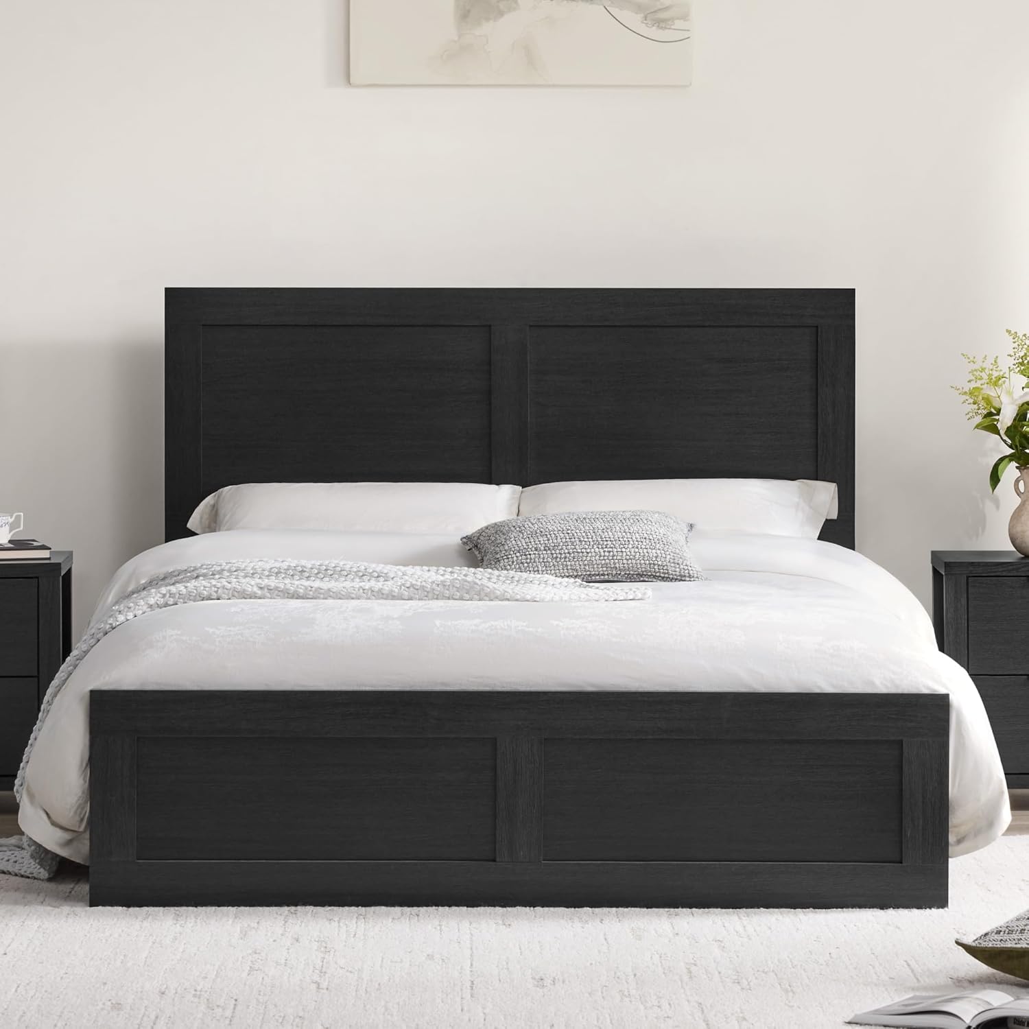 ( incomplete)Wood Bed Frame with Headboard and Footboard, Wooden Platform Mattress Foundation with Silent Slat Support Noise-Free No Box Spring Needed Easy Assembly Black Queen