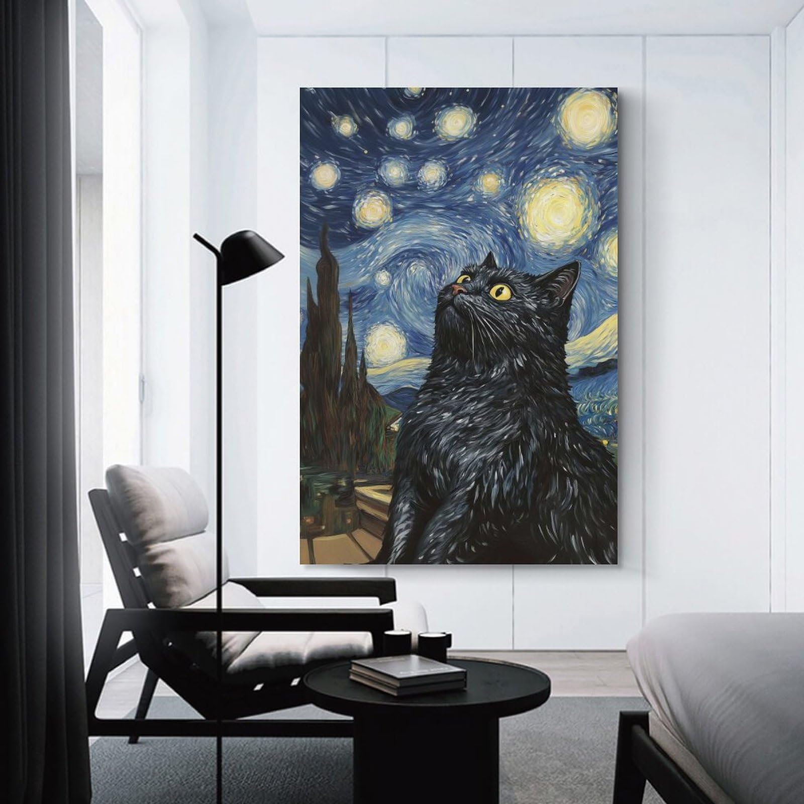 Junmoney Canvas Wall Art Starry Night Cat(2), 20x30inch(50x75cm), for Bedroom, Guest Room Or Reading Nook, Canvas Wall Decor for Personal Spaces