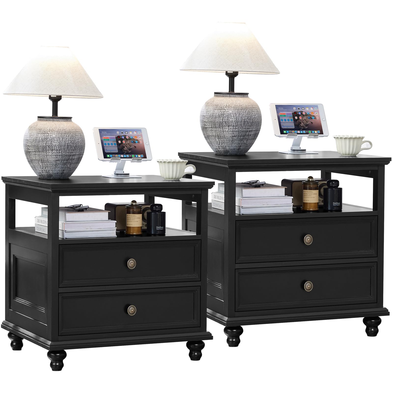 Joaxswe 24" Wide Farmhouse Night Stand Set of 2,Large End Table with 2 Drawers &amp; Metal Handle,Black Wood Dresser for Bedroom, Bed Side Table Chest of Drawers Cabinet, Nightstand for Living Room,Closet