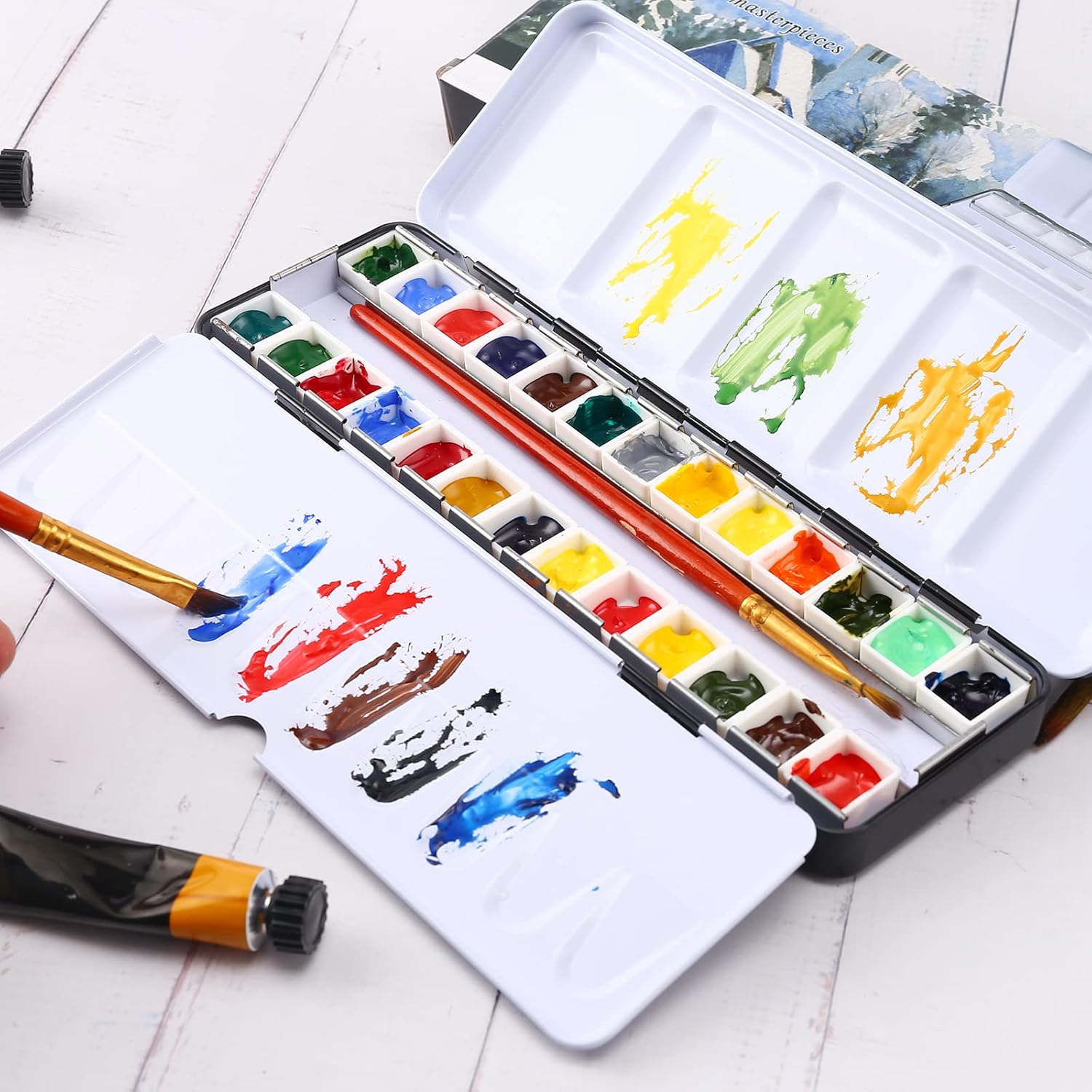 LOONENG Empty Watercolor Palette, Metal Watercolor Tin with Fold-Out Palette, Medium Watercolor Tray Palette with 26 Empty Watercolor Half Pans for Plein Air Painting, Acrylic and Oil Painting