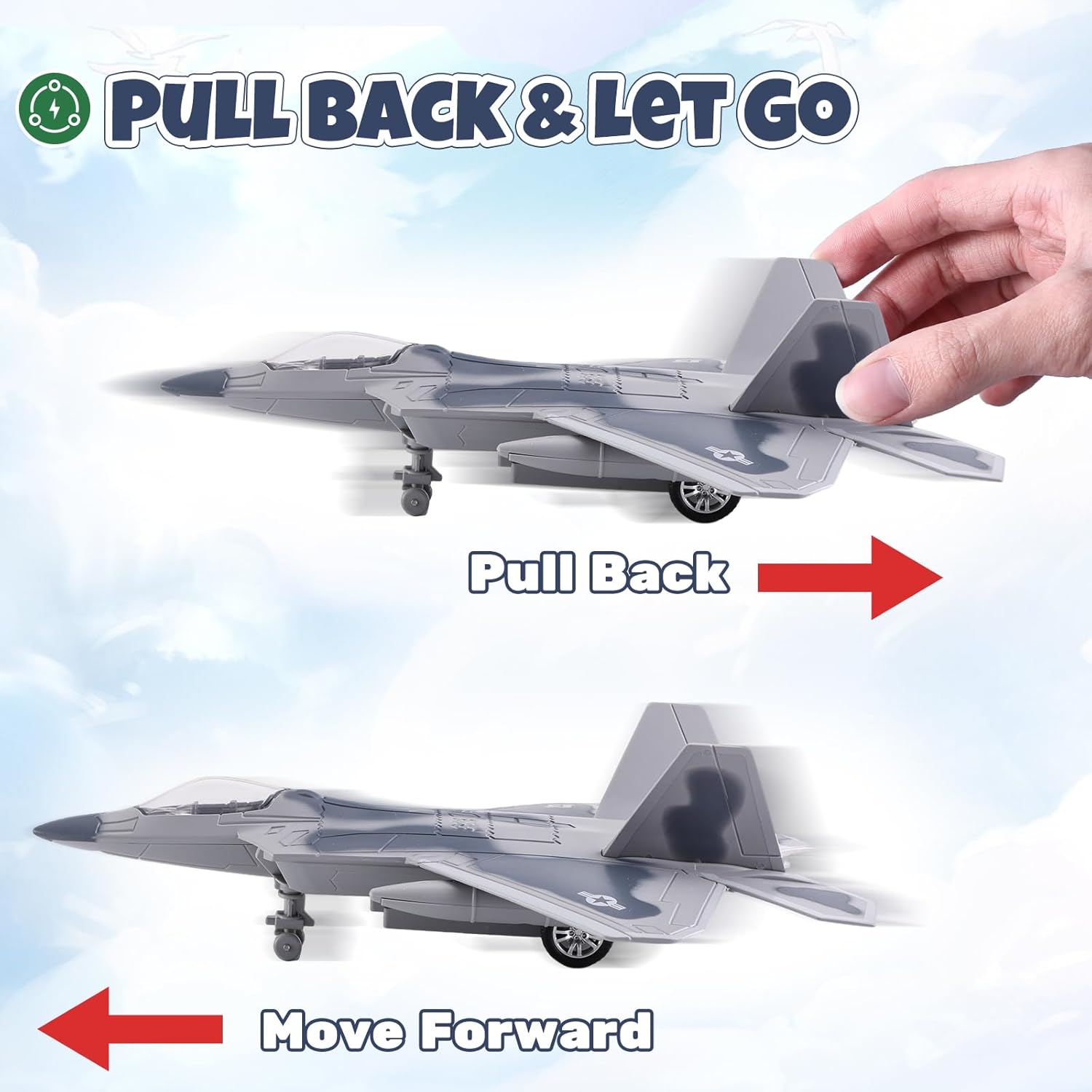 Crelloci 2-in-1 Diecast Fighter Jet Toy Set with Lights & Sounds, Pull Back Airplane F-22 & SU-57 1:144 Scale Military Aircraft Models with Display Stand, Gift for Kids & Collectors
