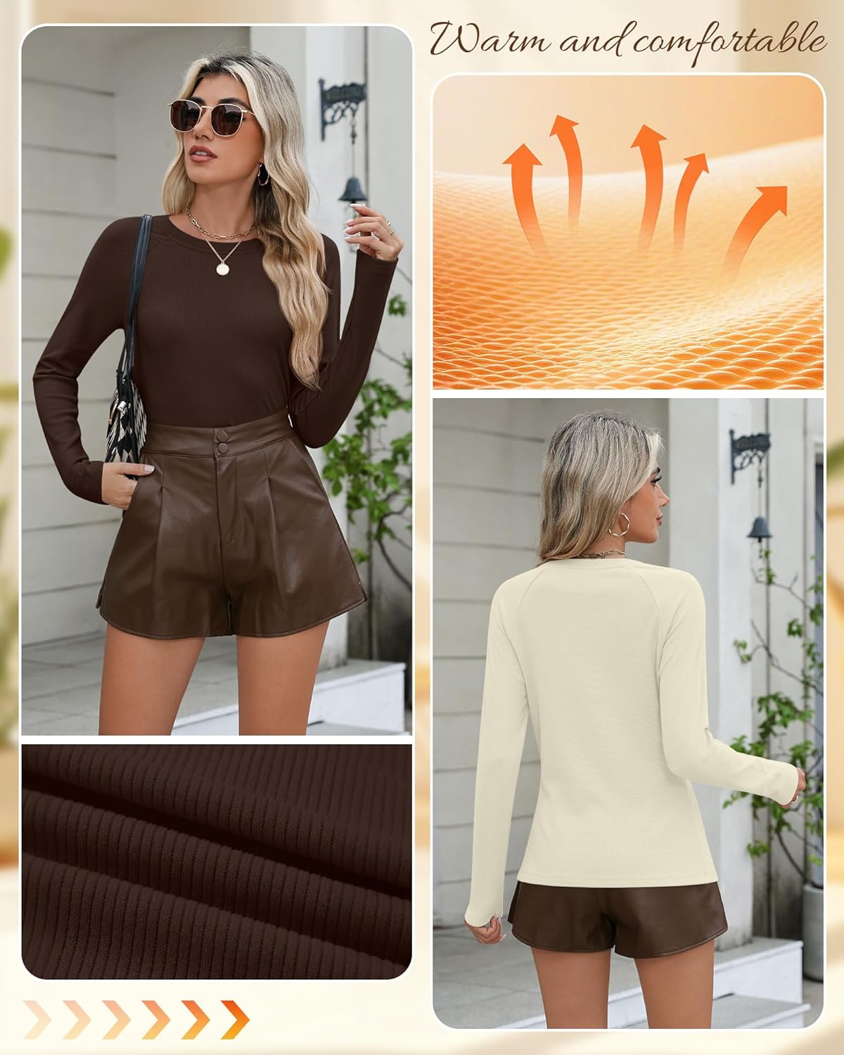 5 Pack Women's Thermal Long Sleeve Shirts Ribbed Knit Cotton Tops Crewneck Warm Base Layer Fitted Undershirts - Image 3