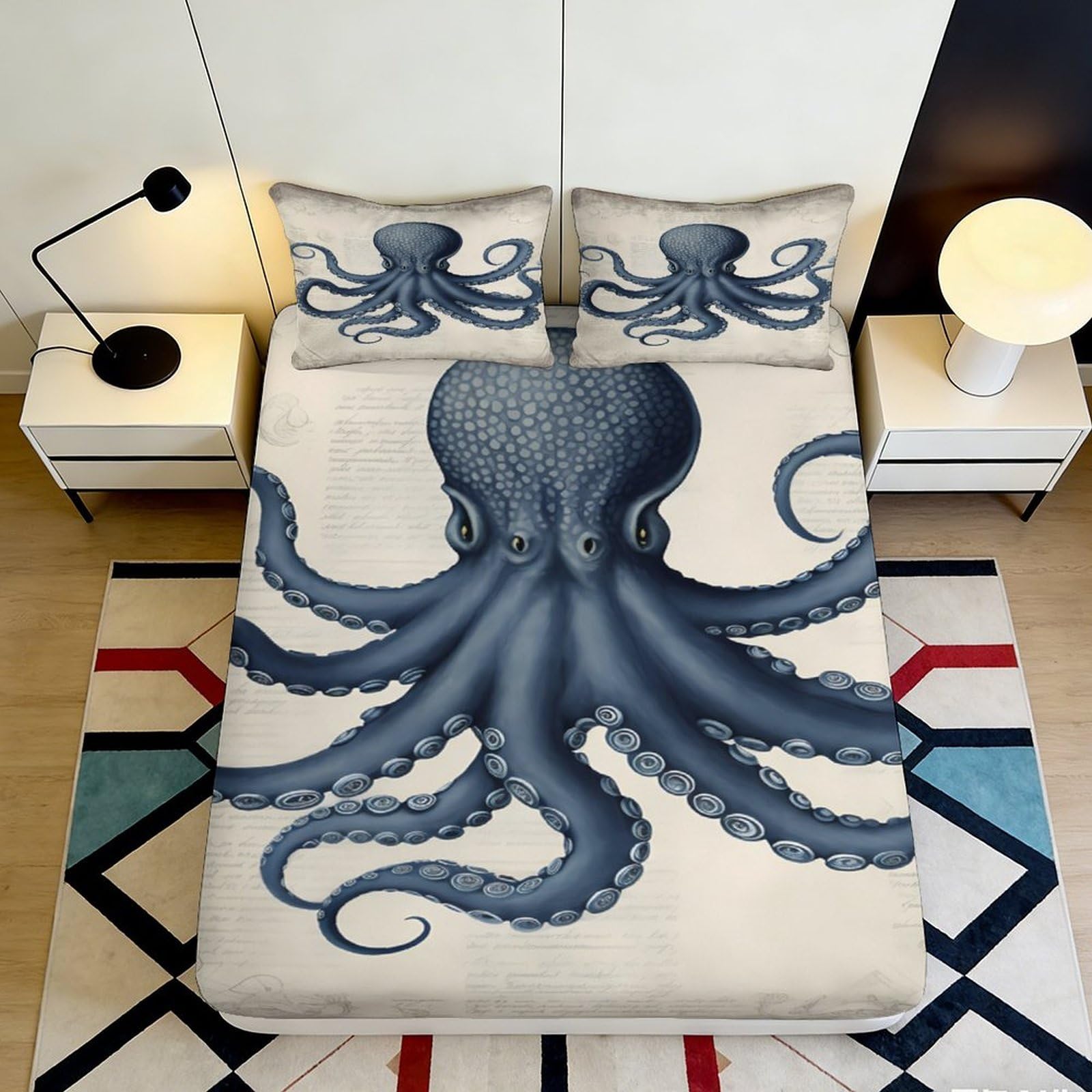 3D Printed Octopus Fitted Sheet Microfiber Soft Breathable Tentacles Bed Cover for Bedroom Dormitory Guest Room Mattress Protection Decor 180x200x25cm